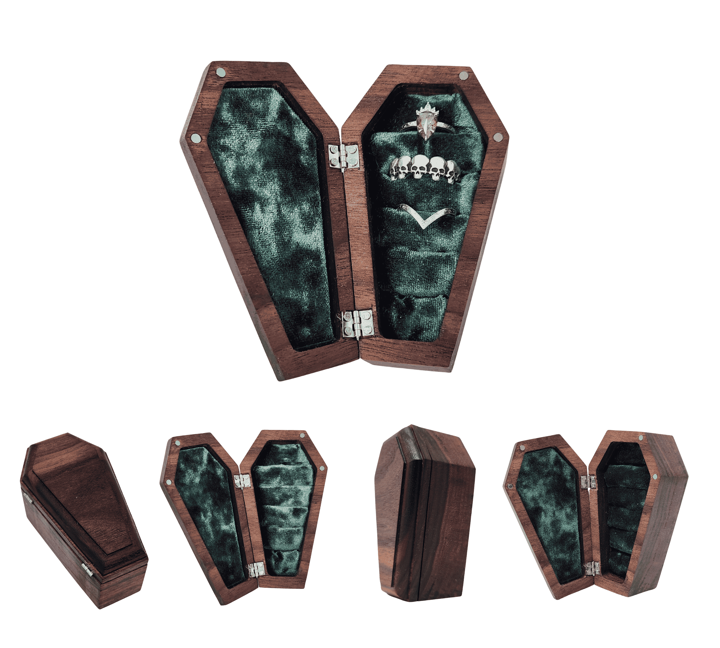 Dark walnut coffin ring box with green insert and secure magnets