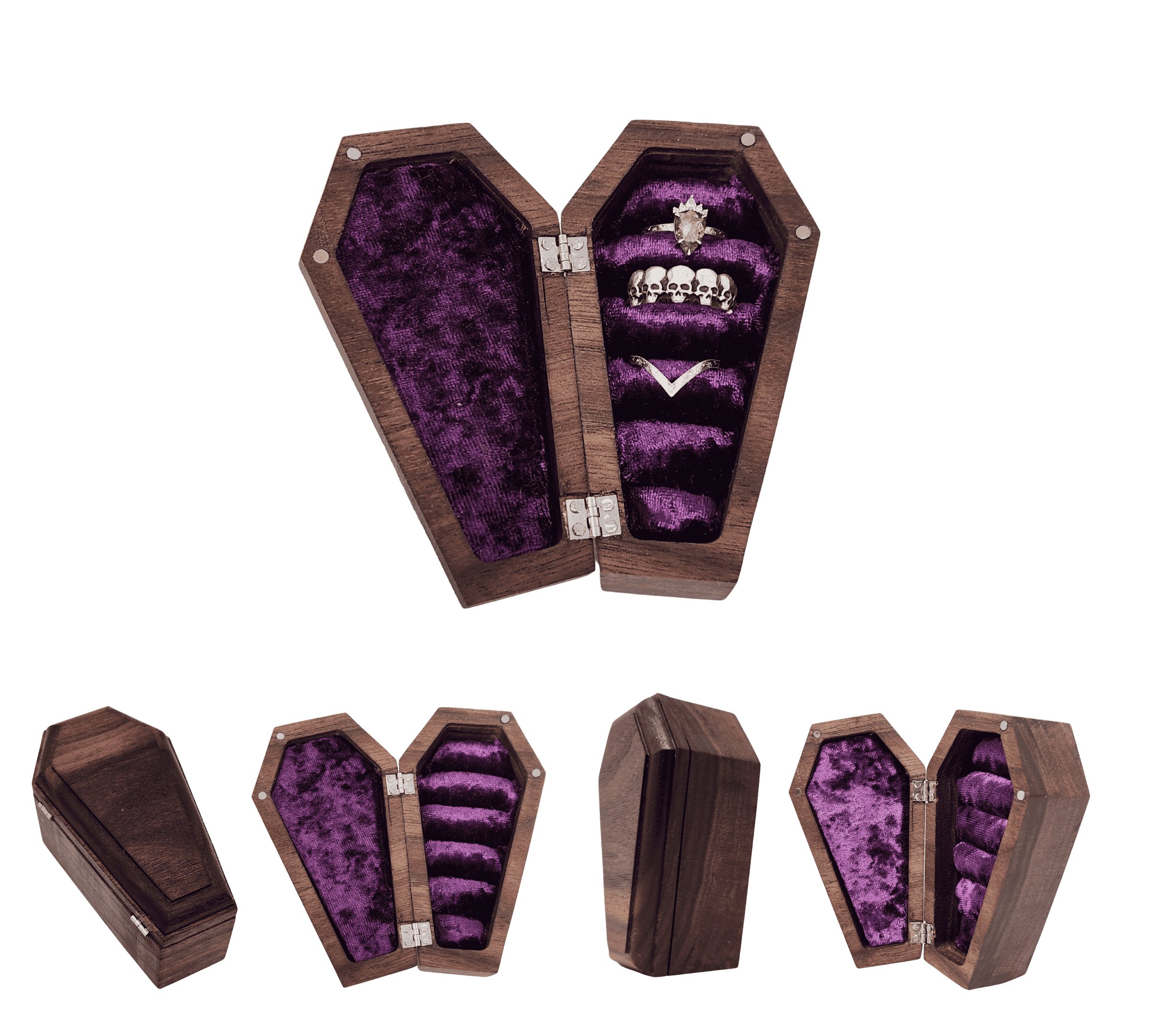 Coffin ring box in premium walnut wood with purple velvet-style interior