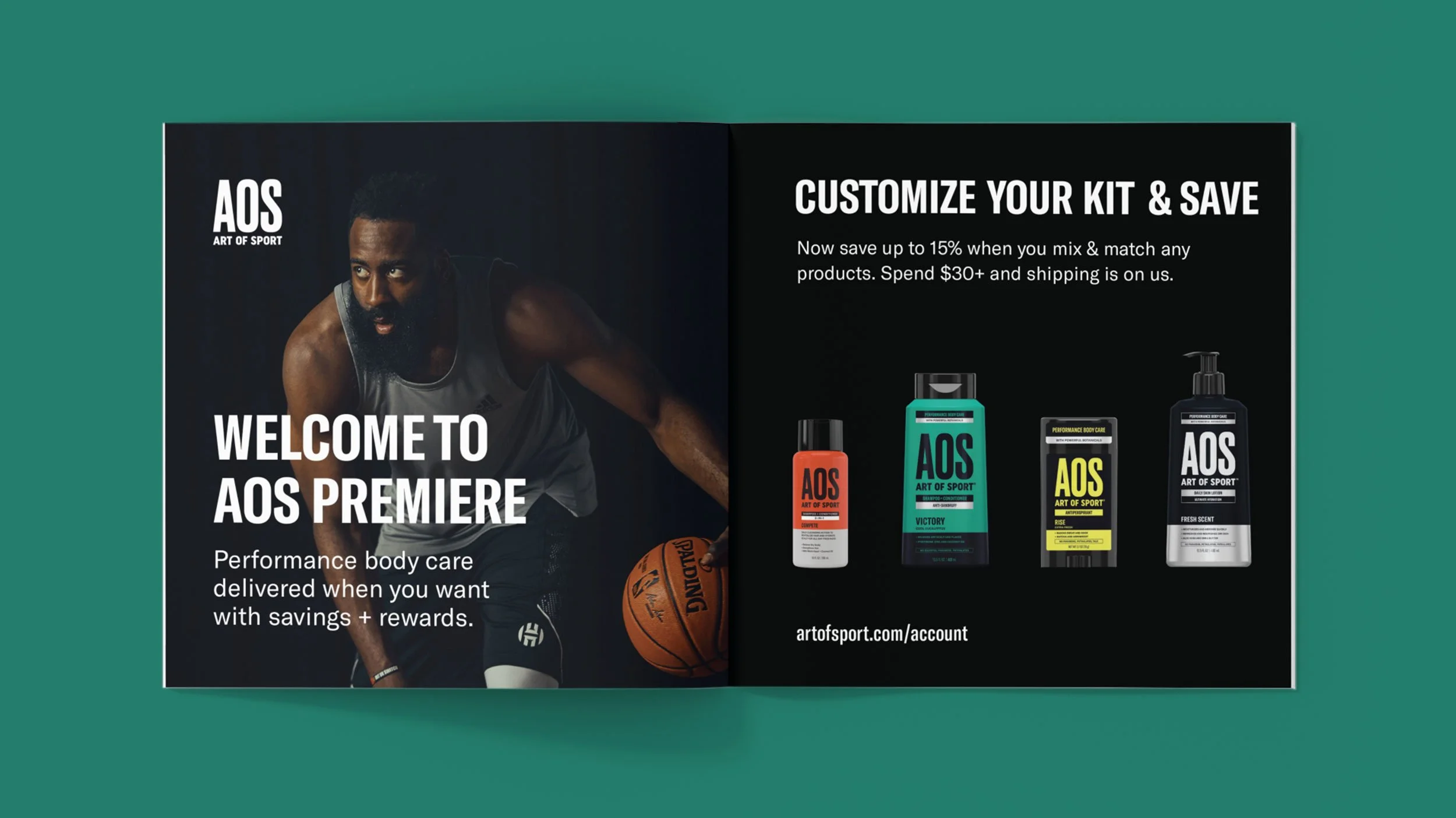 Open magazine spread featuring Art of Sport branding with a basketball player and product lineup with promotional text.