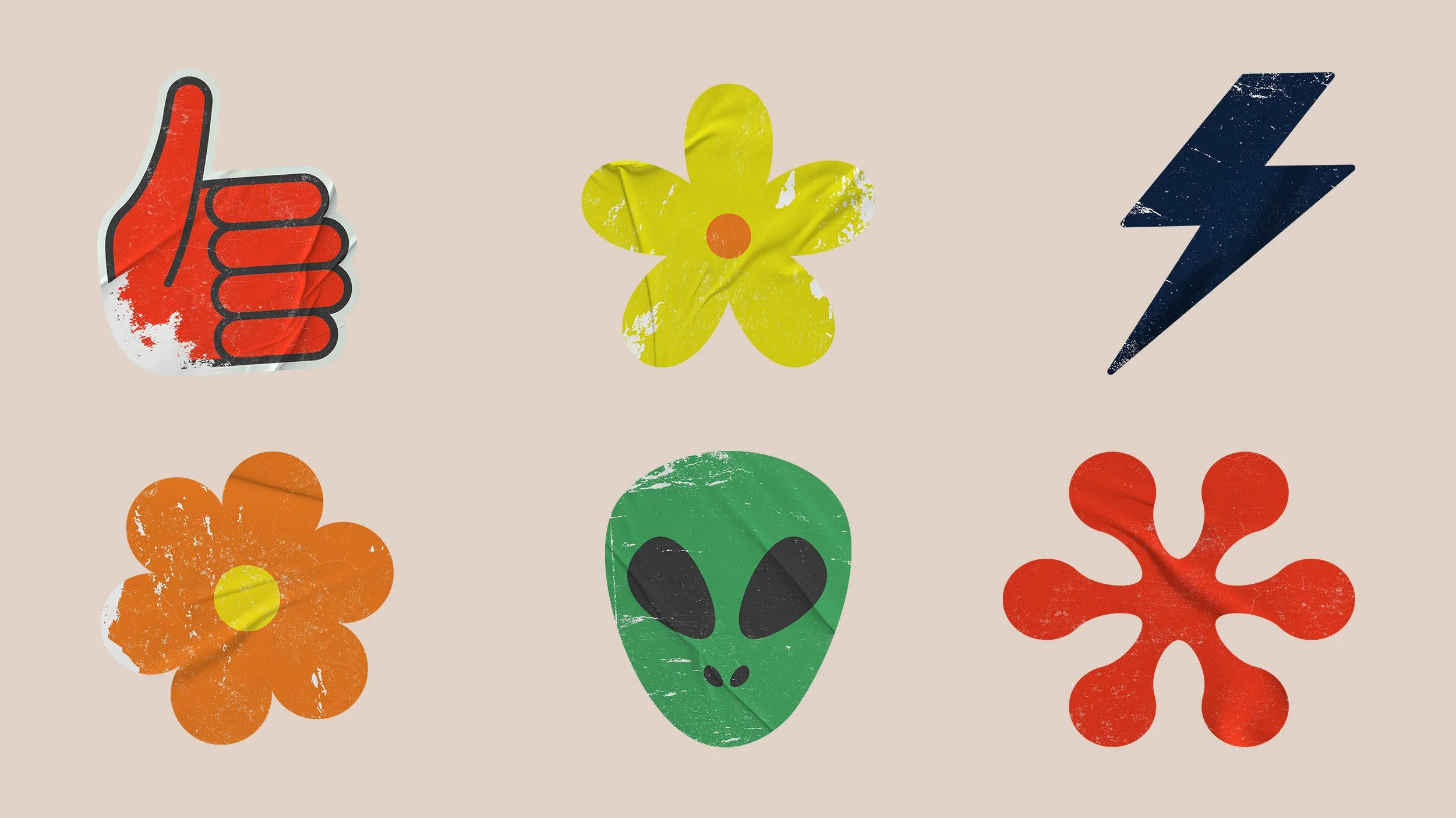 Collection of playful, vintage-inspired icons including a thumbs-up, flowers, lightning bolt, alien head, and abstract shapes with distressed textures.