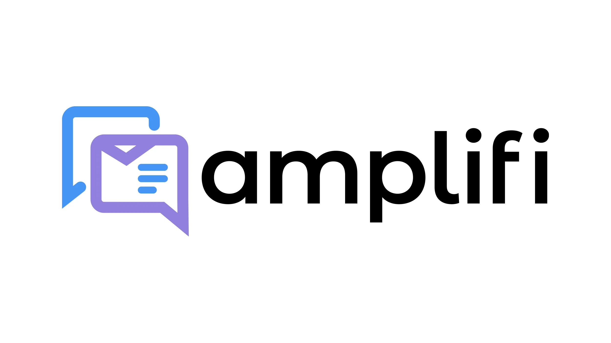 Amplifi logo with gradient chat bubble icon in blue and purple and bold black wordmark