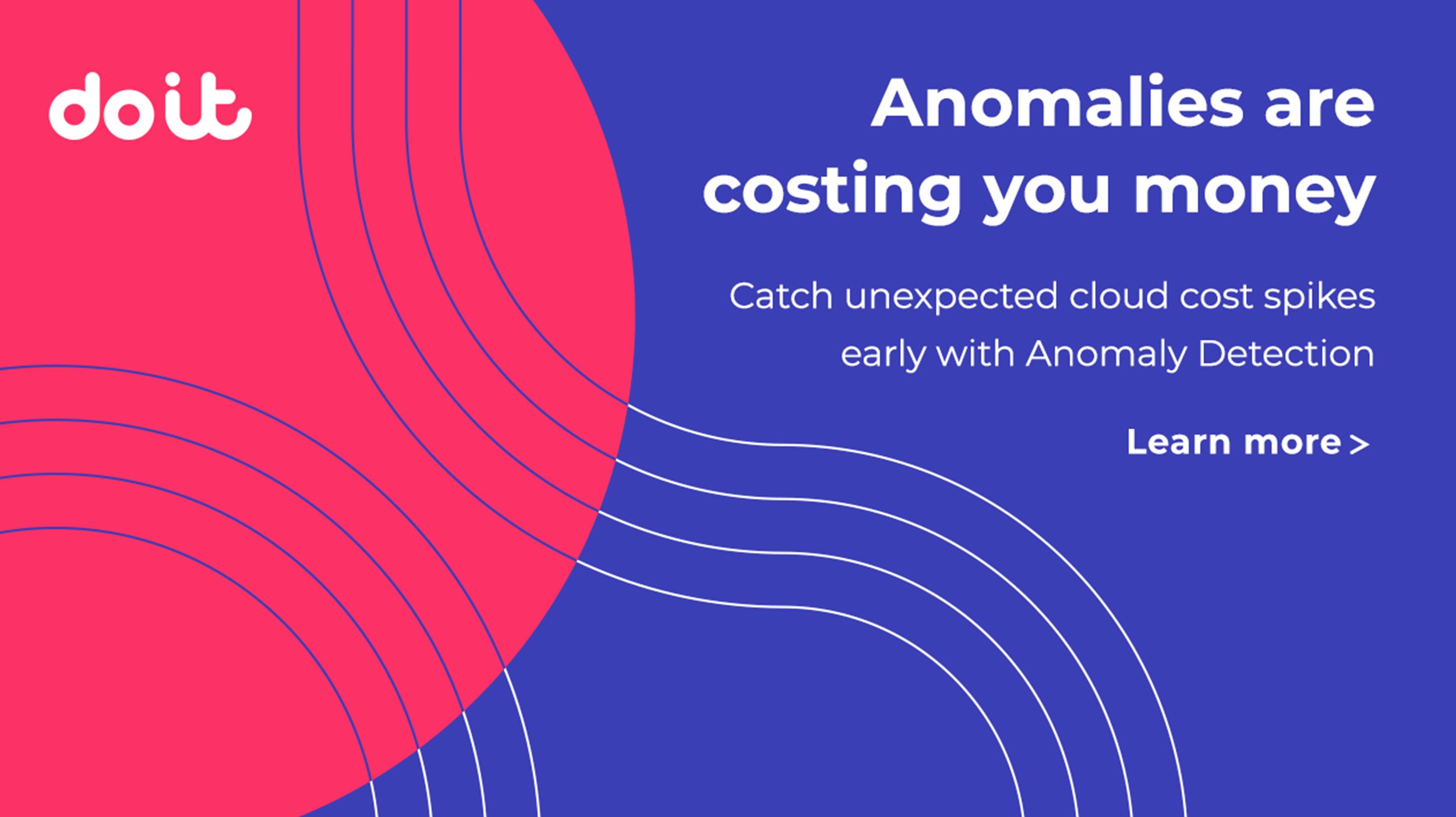 DoIT digital ad with bold pink circular graphics and blue background featuring the headline 'Anomalies are costing you money' and promoting Anomaly Detection for cloud cost spikes