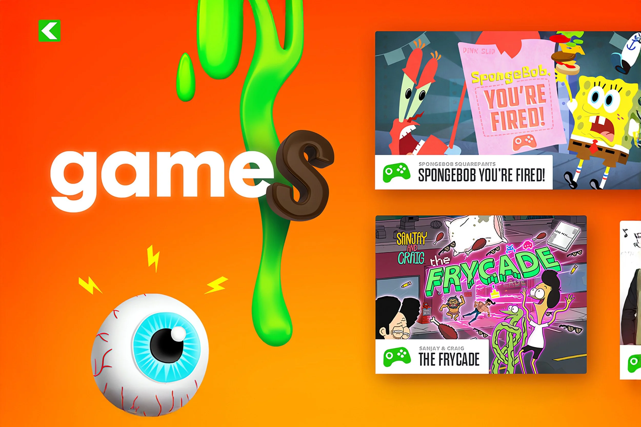 Vibrant Nickelodeon games screen featuring slime-inspired graphics and popular titles like SpongeBob, designed to drive engagement and in-app gameplay.