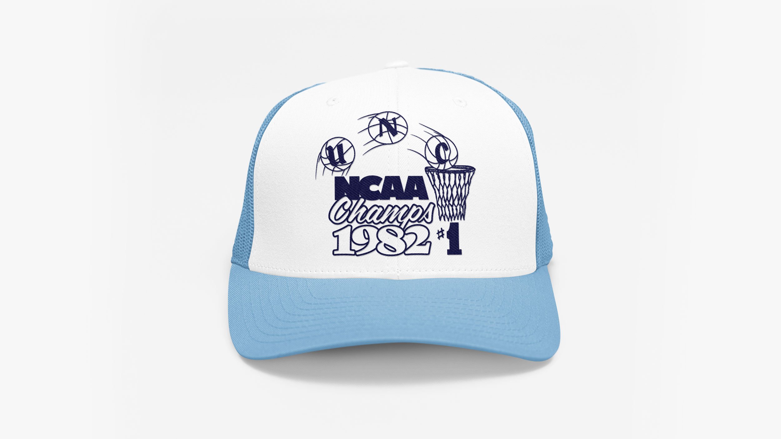 White and light blue trucker hat with NCAA Champs 1982 #1 basketball graphic.