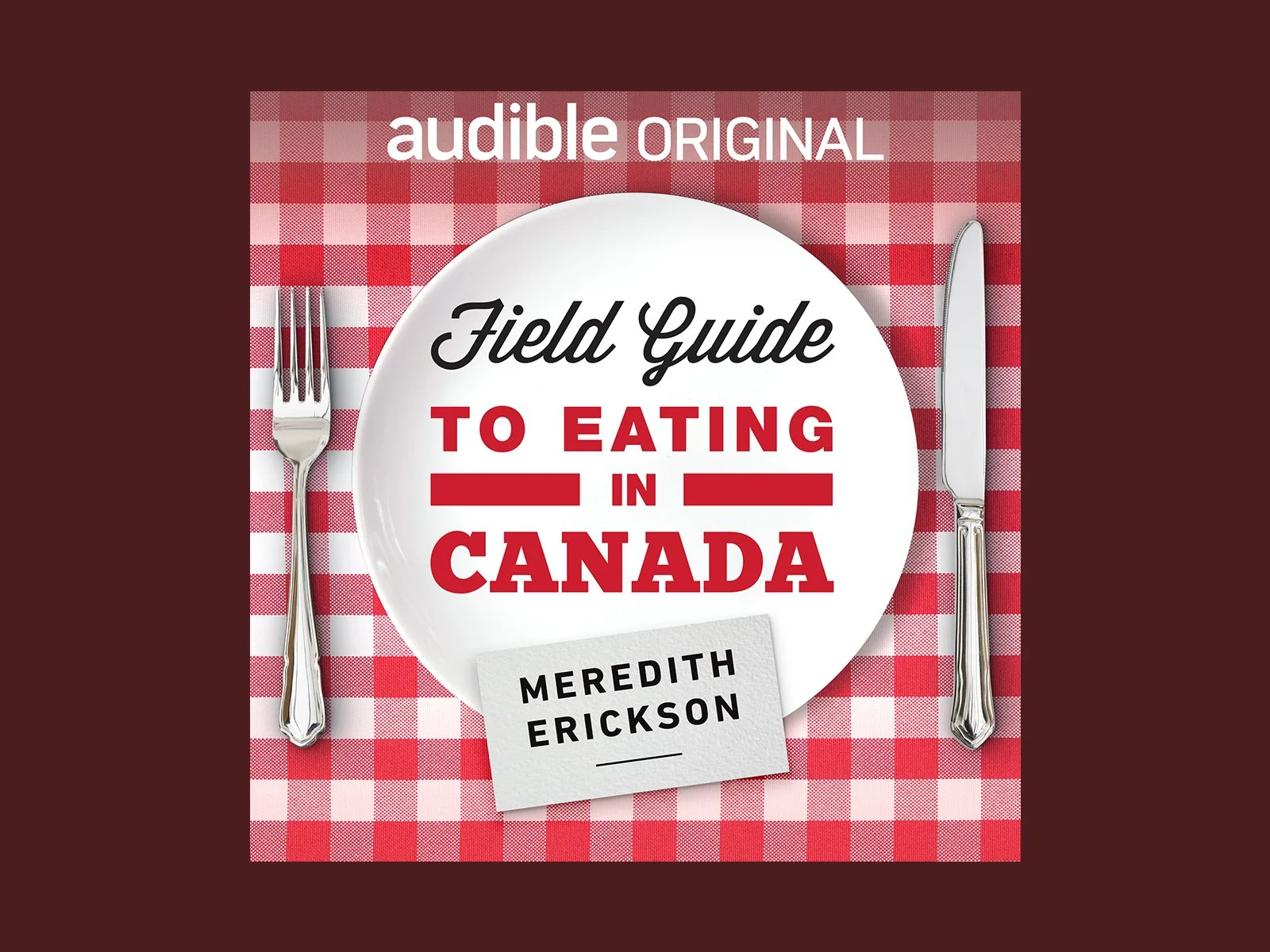 Playful, minimalist design with a white plate centered on a red checkered tablecloth, using bold typography to mimic a dining experience.