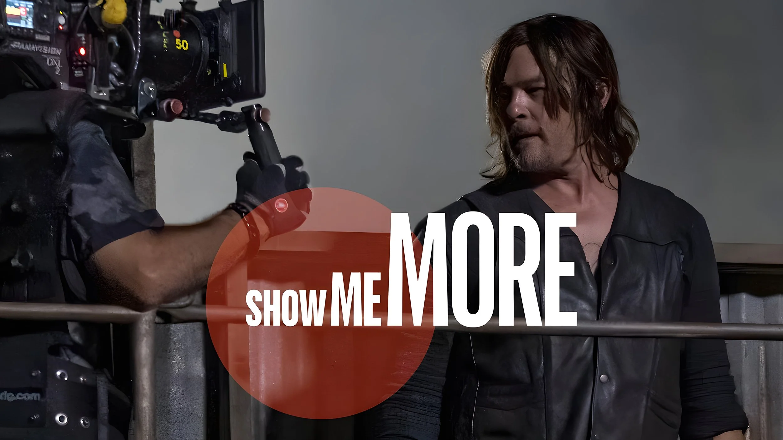 Behind-the-scenes shot of Daryl Dixon on set with camera rig during “The Walking Dead” production