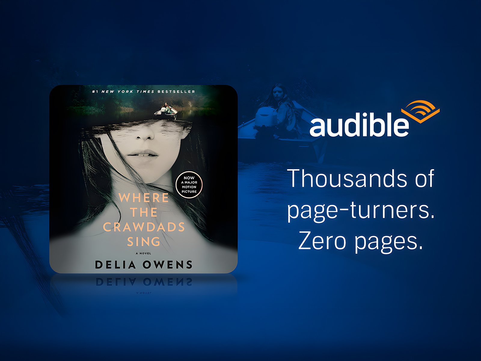 Audible promotional banner featuring Where the Crawdads Sing, combining cinematic imagery with brand messaging to highlight immersive storytelling and drive audiobook discovery.