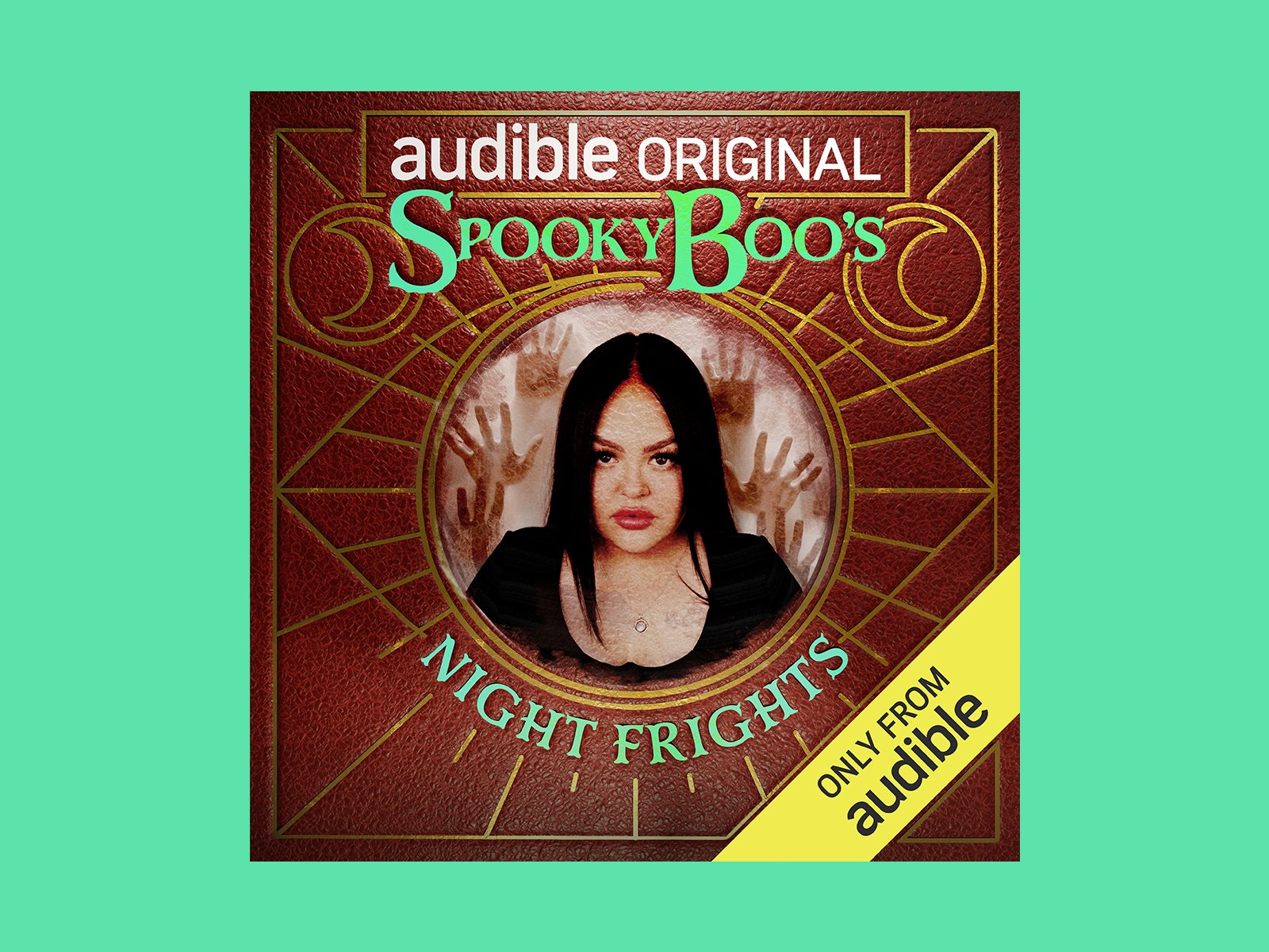 Vintage-inspired horror design with ornate occult-style graphics, featuring a central portrait framed by eerie hands and textured red background.