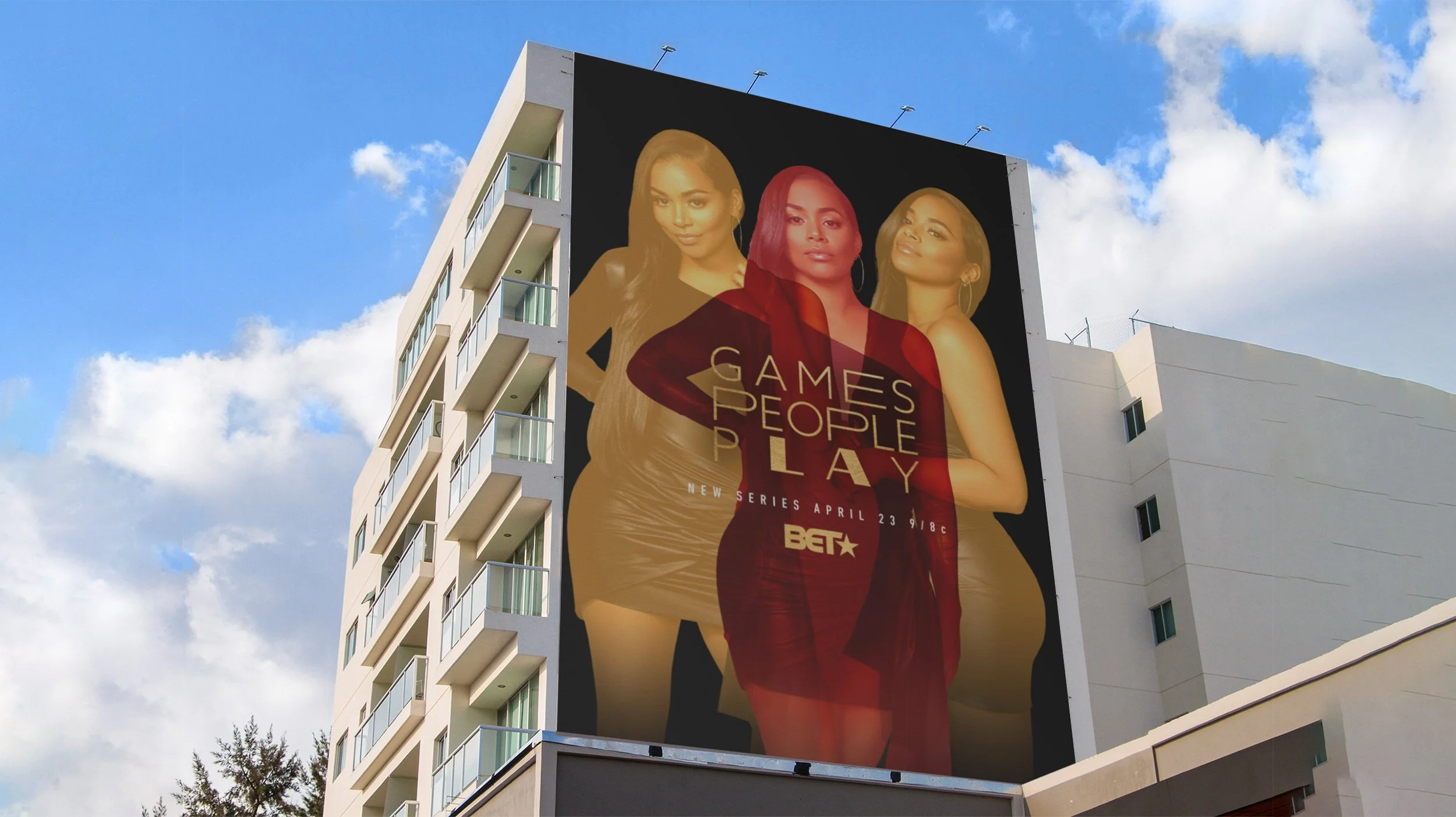 “Games People Play” large-format billboard featuring three cast members in a stylized, high-fashion composition