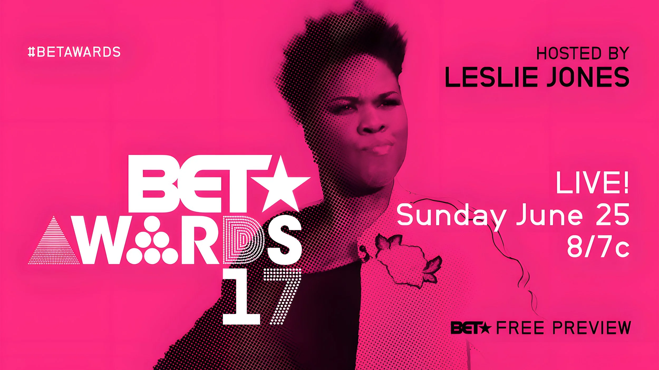 BET Awards 2017 promotional graphic with Leslie Jones, event date, and broadcast information