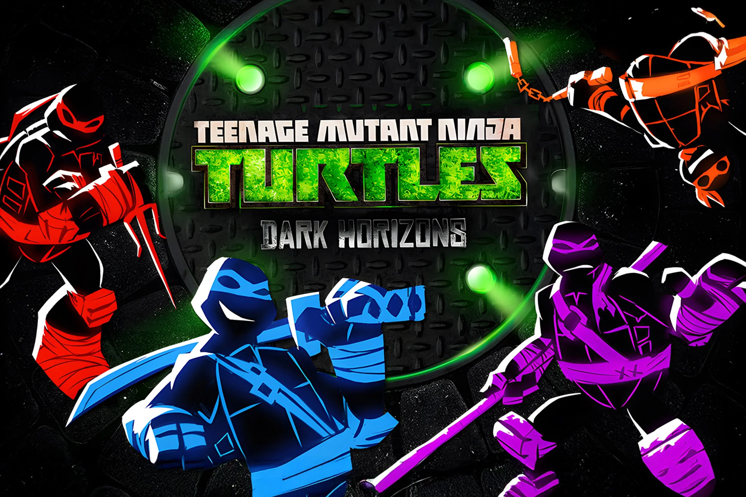 High-energy promotional artwork for Teenage Mutant Ninja Turtles: Dark Horizons, featuring stylized characters and neon lighting to emphasize action and excitement.