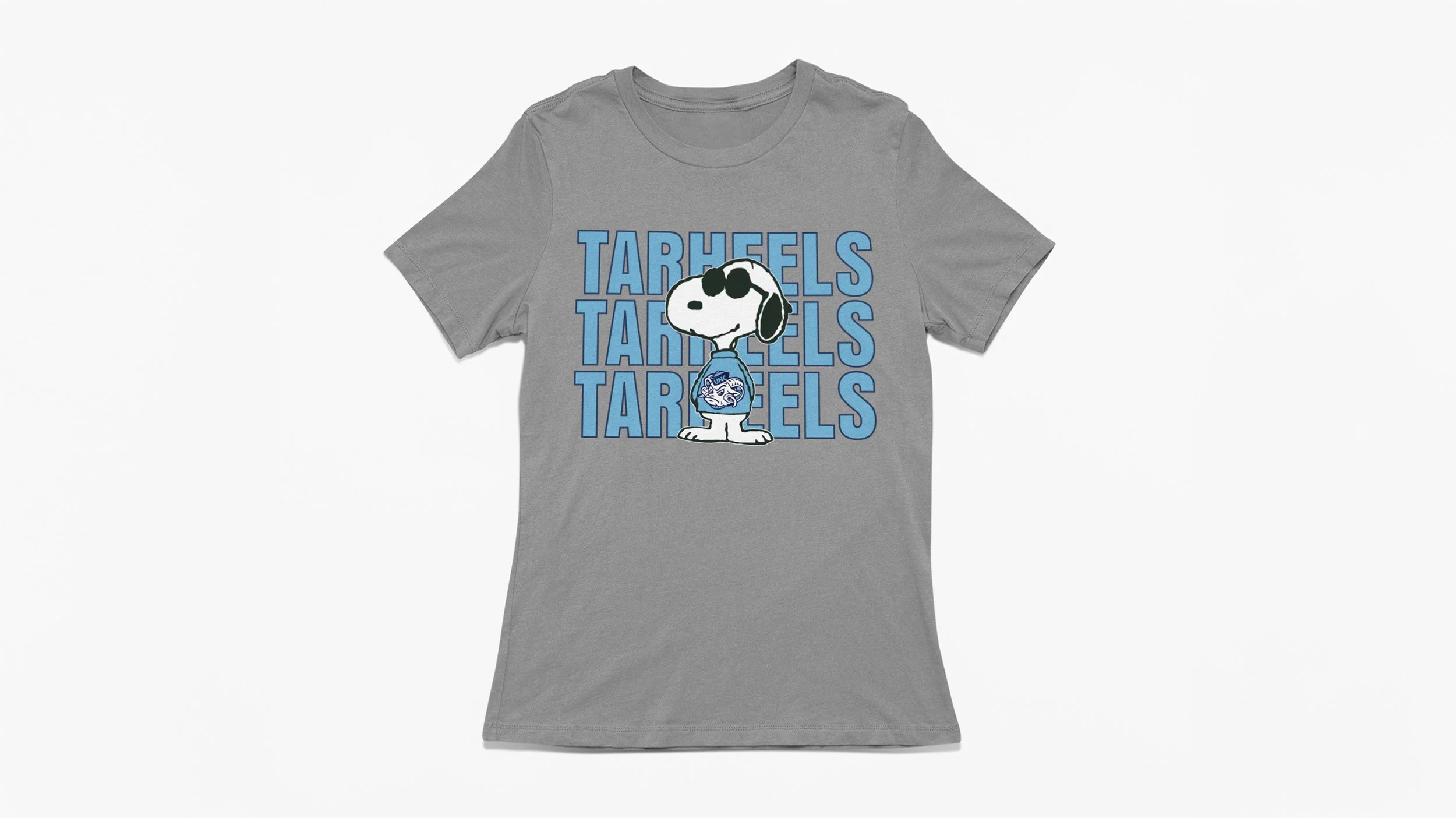 Gray T-shirt featuring Snoopy in a UNC Tar Heels graphic with repeated text.