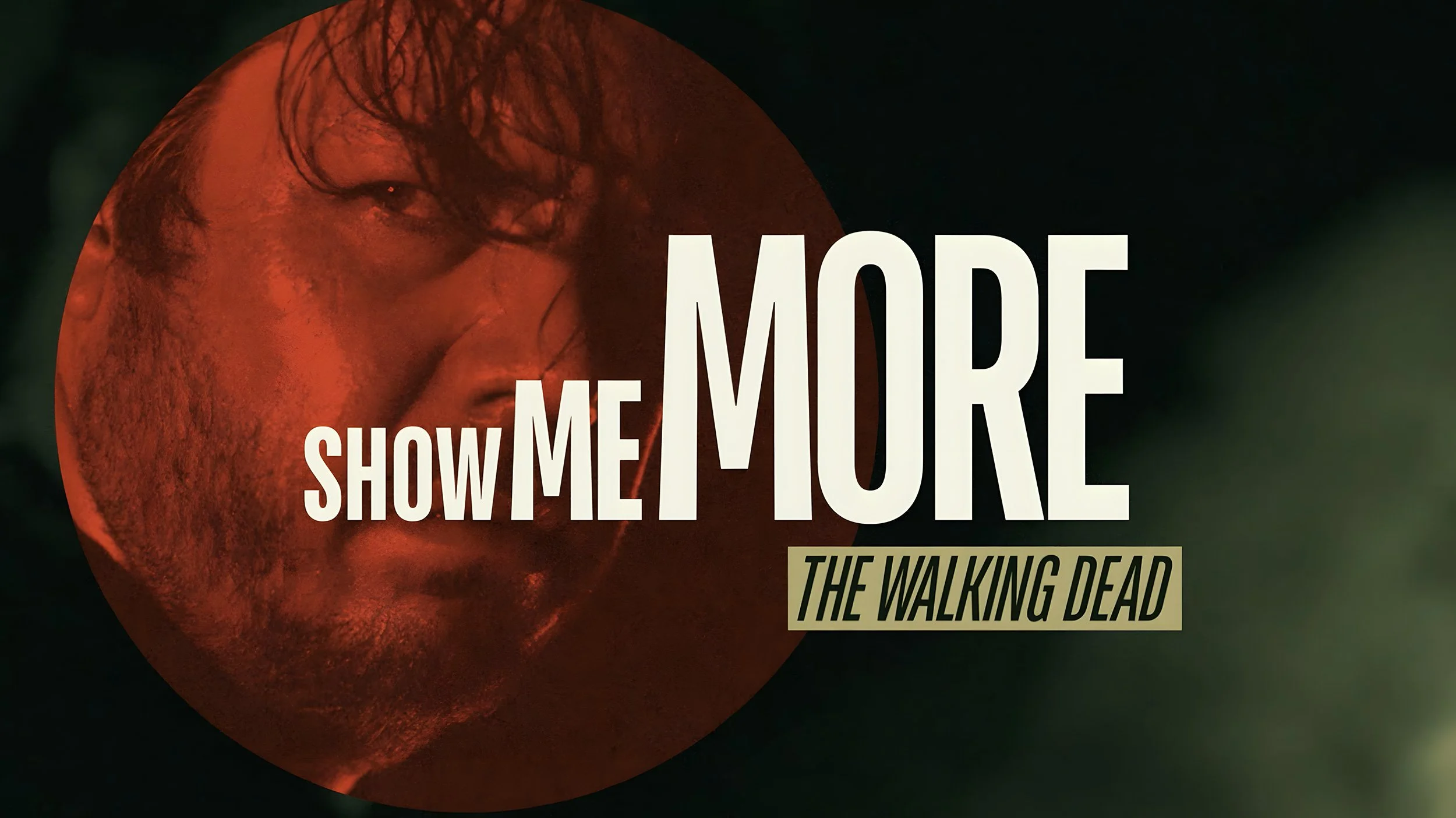 Dramatic red-toned portrait of male character in “The Walking Dead” with bold promotional typography