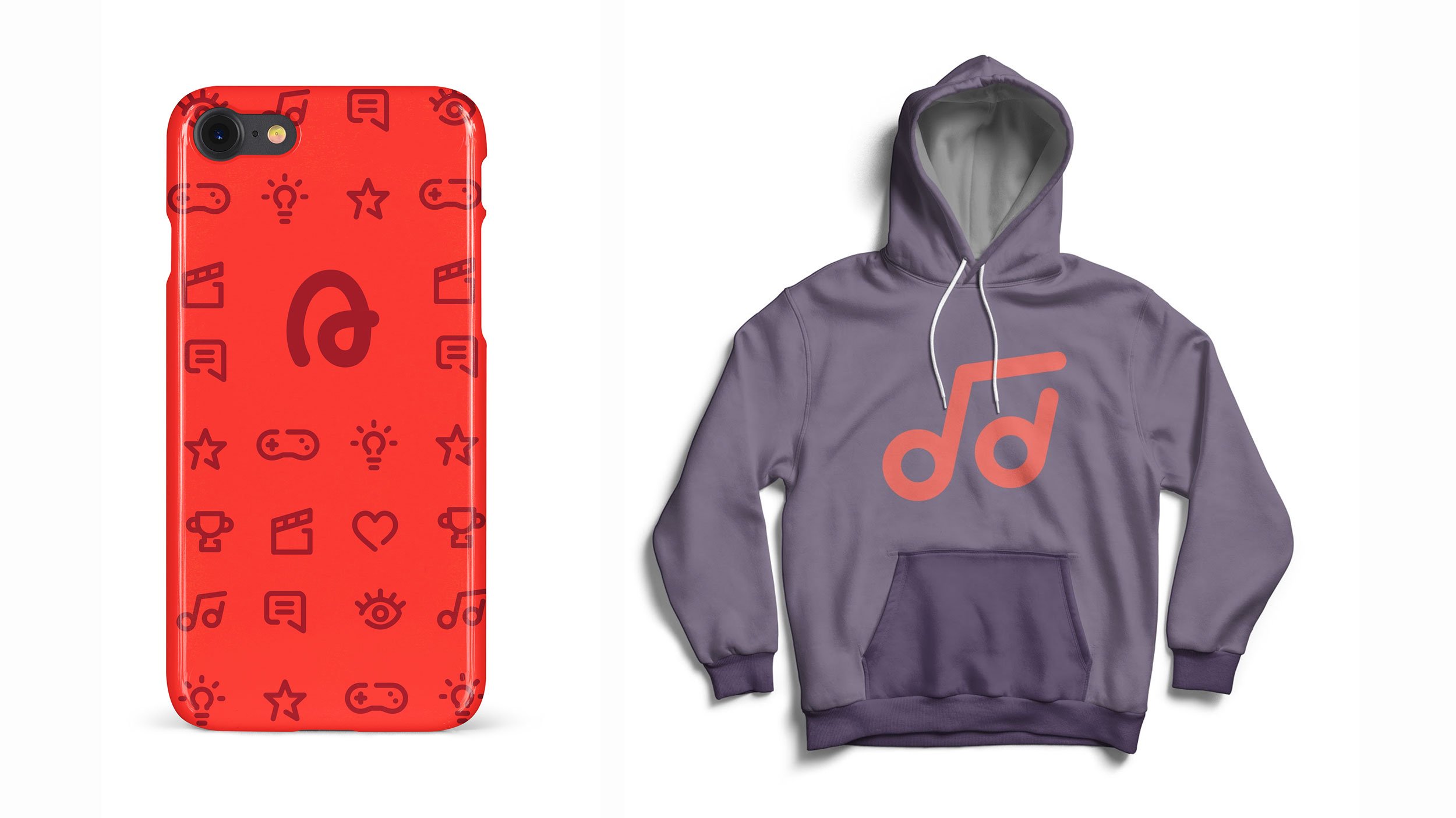 Airtime branded phone case with icon pattern and purple hoodie with music note logo design