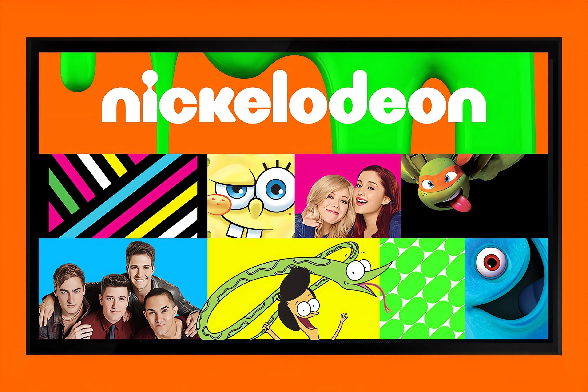 Colorful grid-style promotional layout highlighting a mix of Nickelodeon shows and characters, reinforcing brand variety and entertainment appeal.