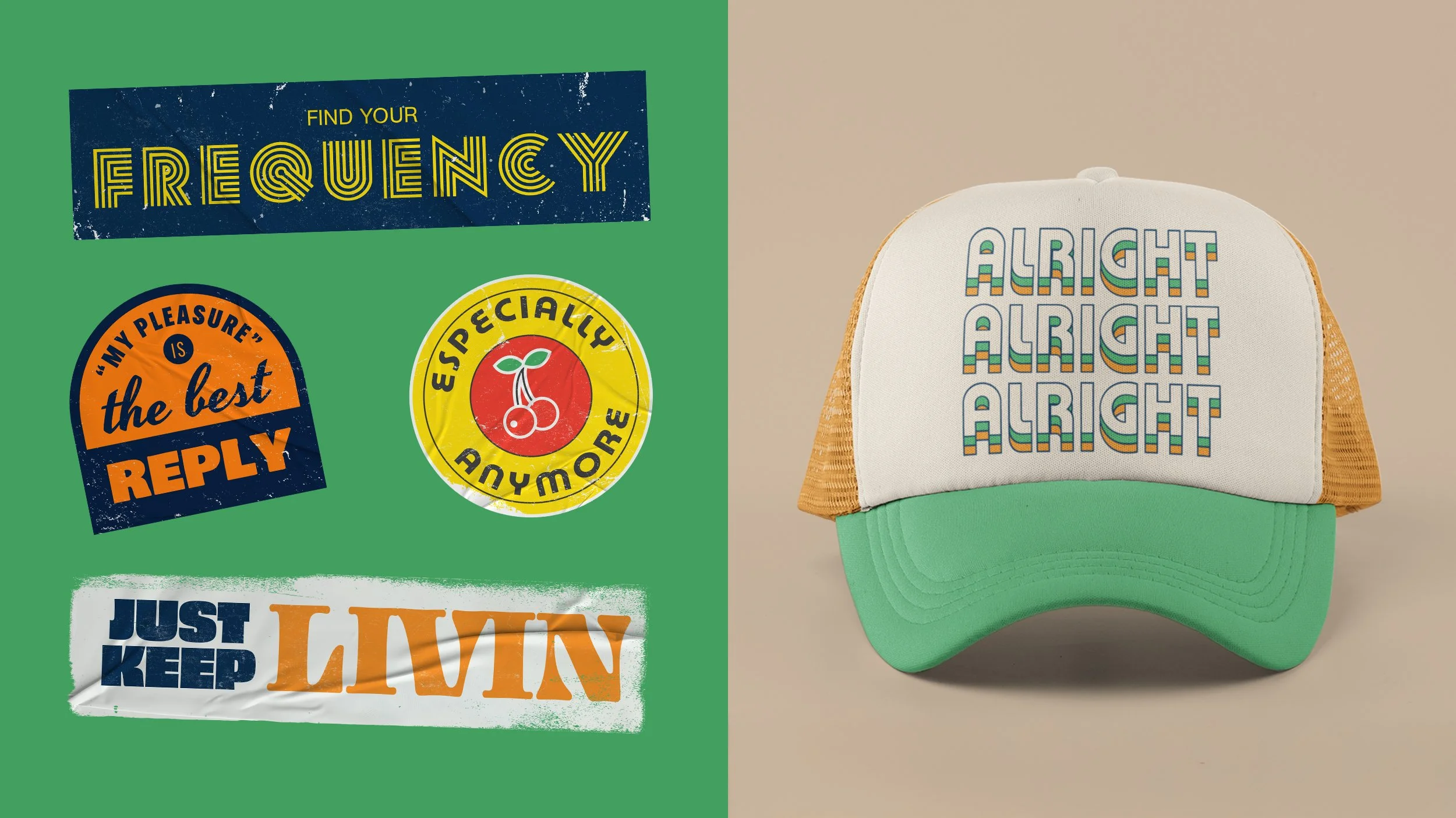Retro-inspired sticker graphics paired with a lifestyle mockup of a trucker hat featuring repeating “Alright Alright Alright” typography.
