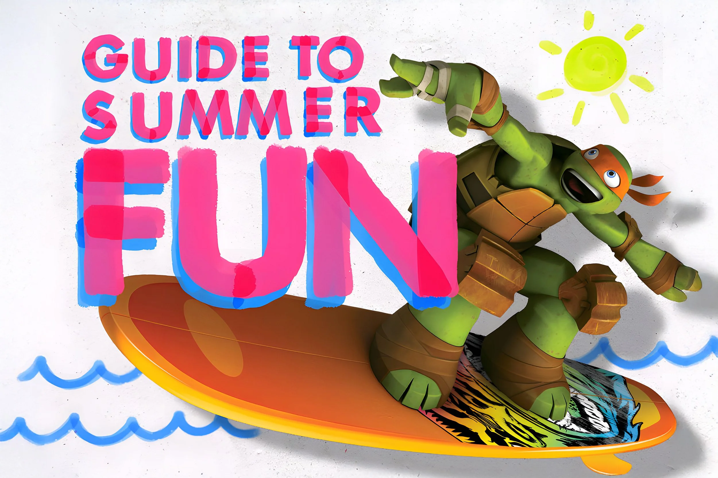 Playful Nickelodeon seasonal campaign showcasing a Teenage Mutant Ninja Turtle surfing, paired with bold typography to promote summer programming.