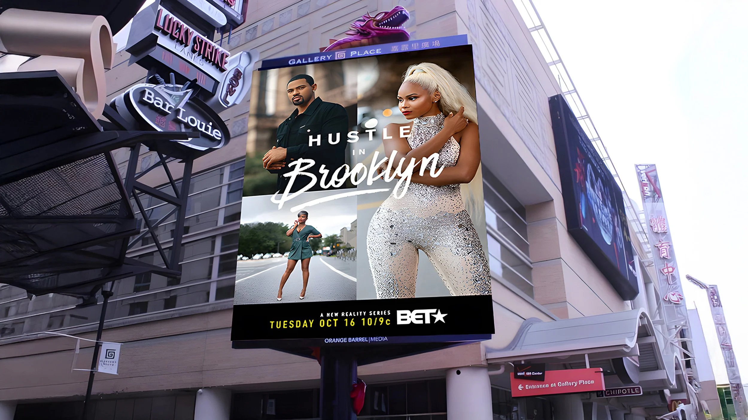 Street-level digital billboard for “Hustle in Brooklyn” showcasing cast portraits and series premiere details