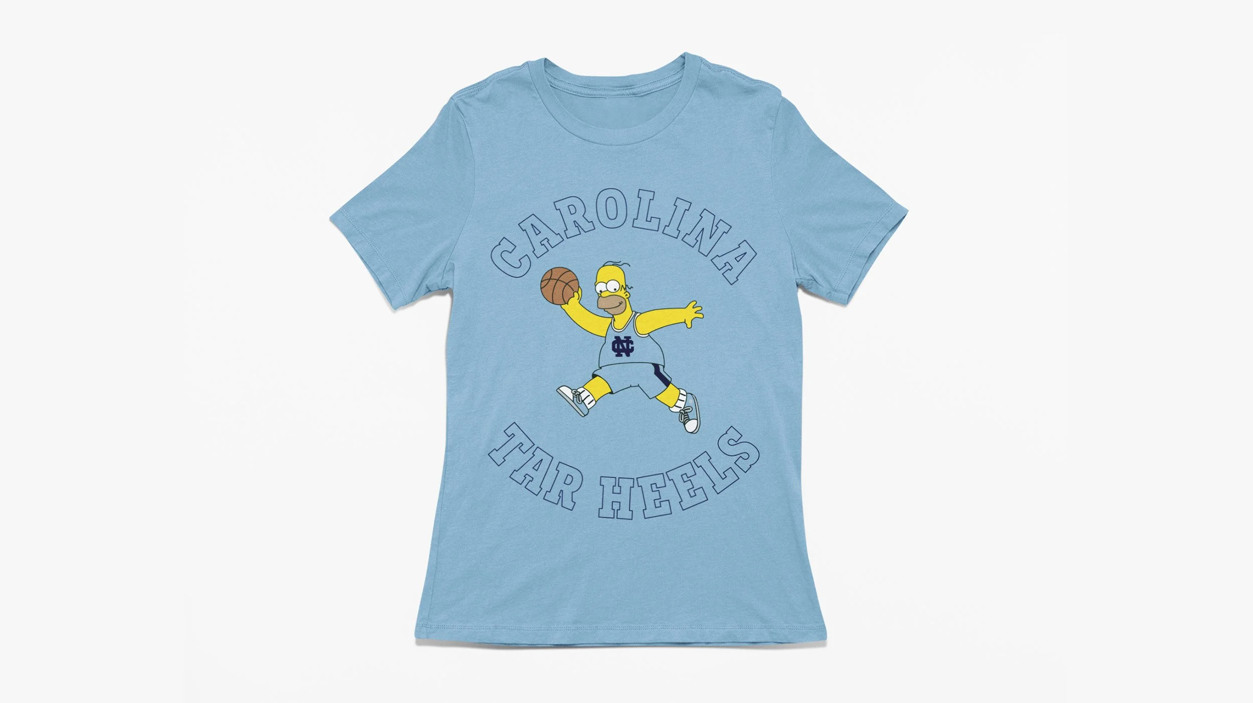 Light blue T-shirt with Homer Simpson in a UNC Tar Heels basketball design.