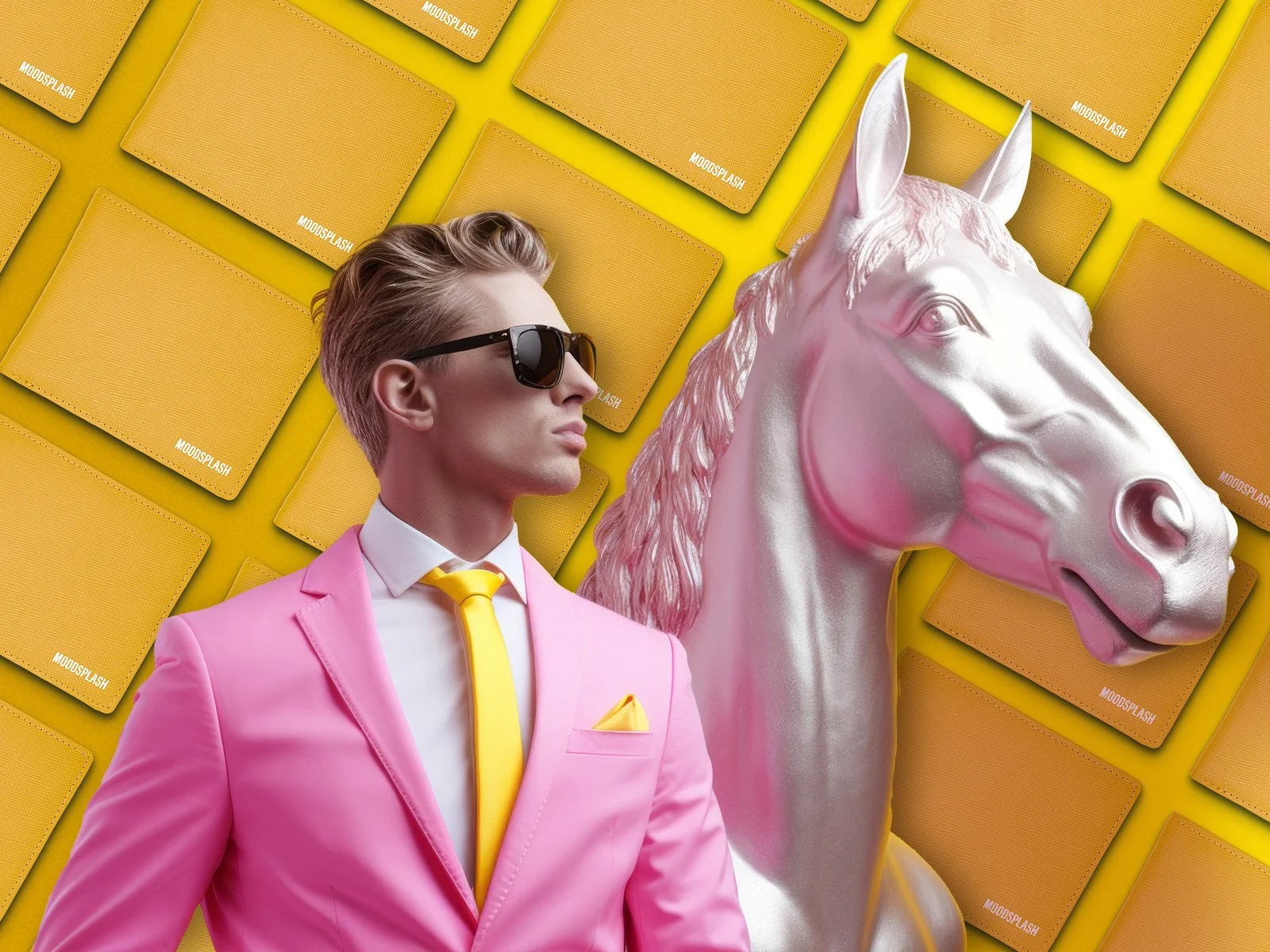 Man in pink suit next to metallic horse with repeating yellow wallet background in bold, fashion-forward campaign visual.