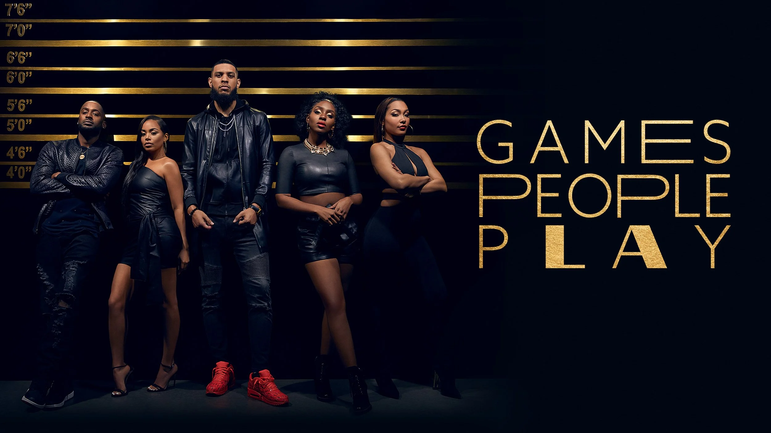 Dramatic key art for “Games People Play” with cast lineup against a height chart-inspired backdrop