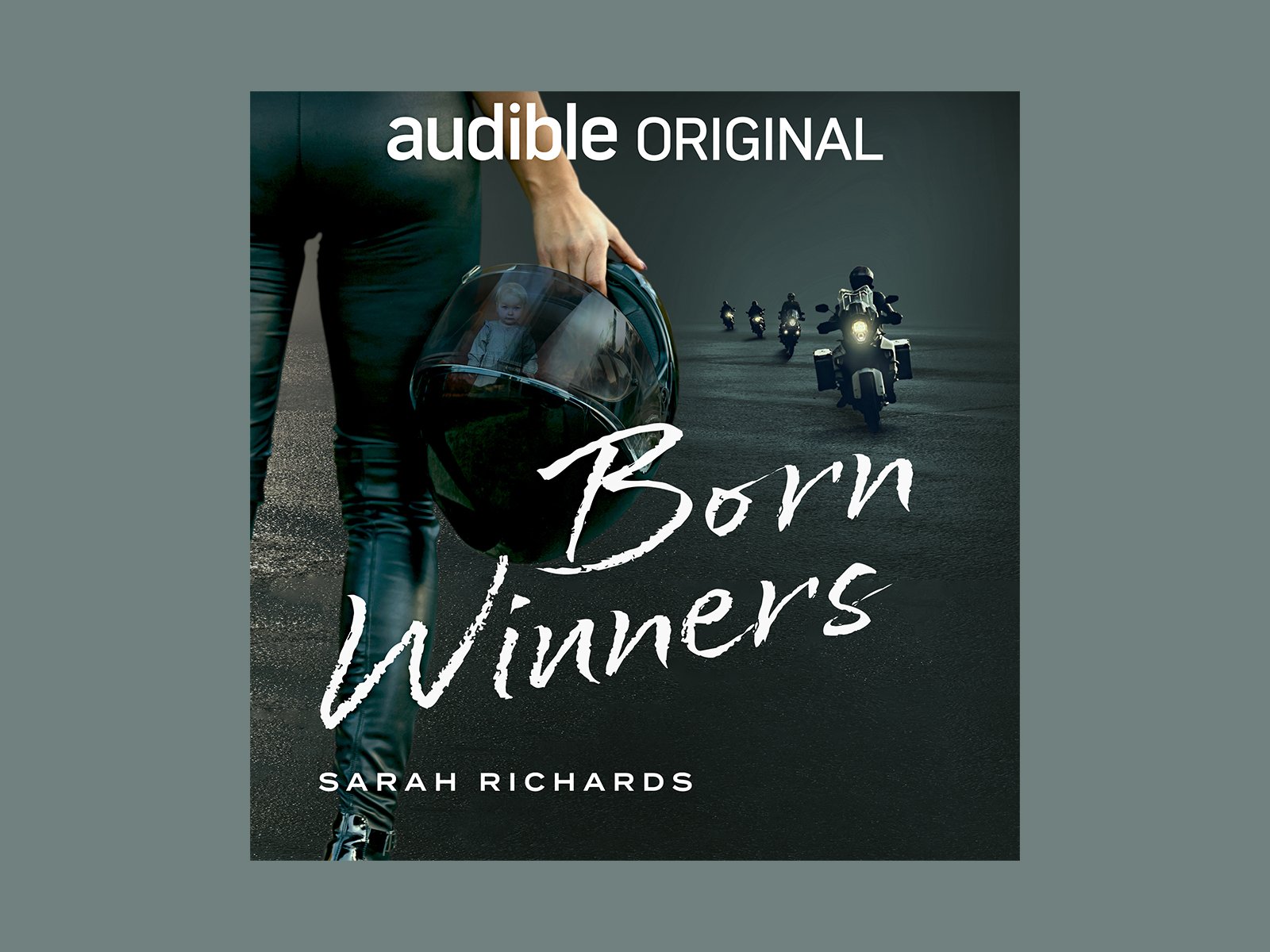 Moody, cinematic scene of a woman holding a motorcycle helmet with bikers approaching in the distance, featuring handwritten-style title typography for an Audible Original.