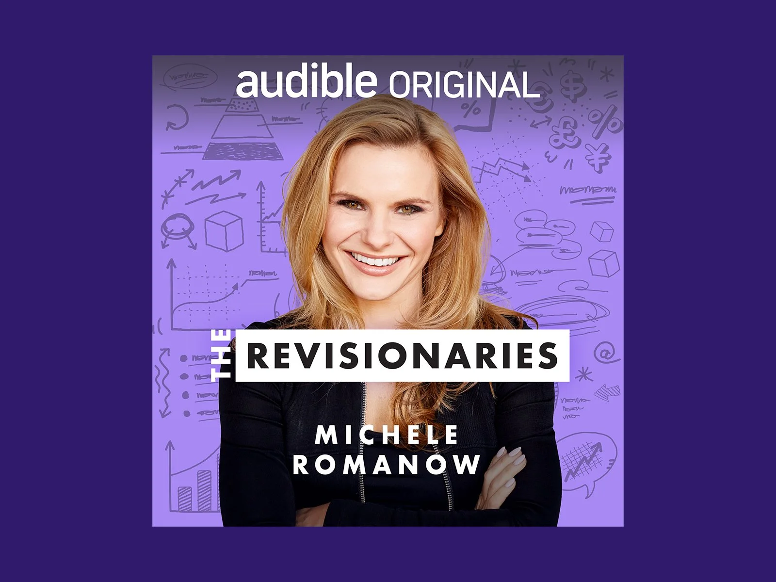 Clean, modern portrait of Michele Romanow against a purple background filled with sketched business diagrams, conveying innovation and entrepreneurship.