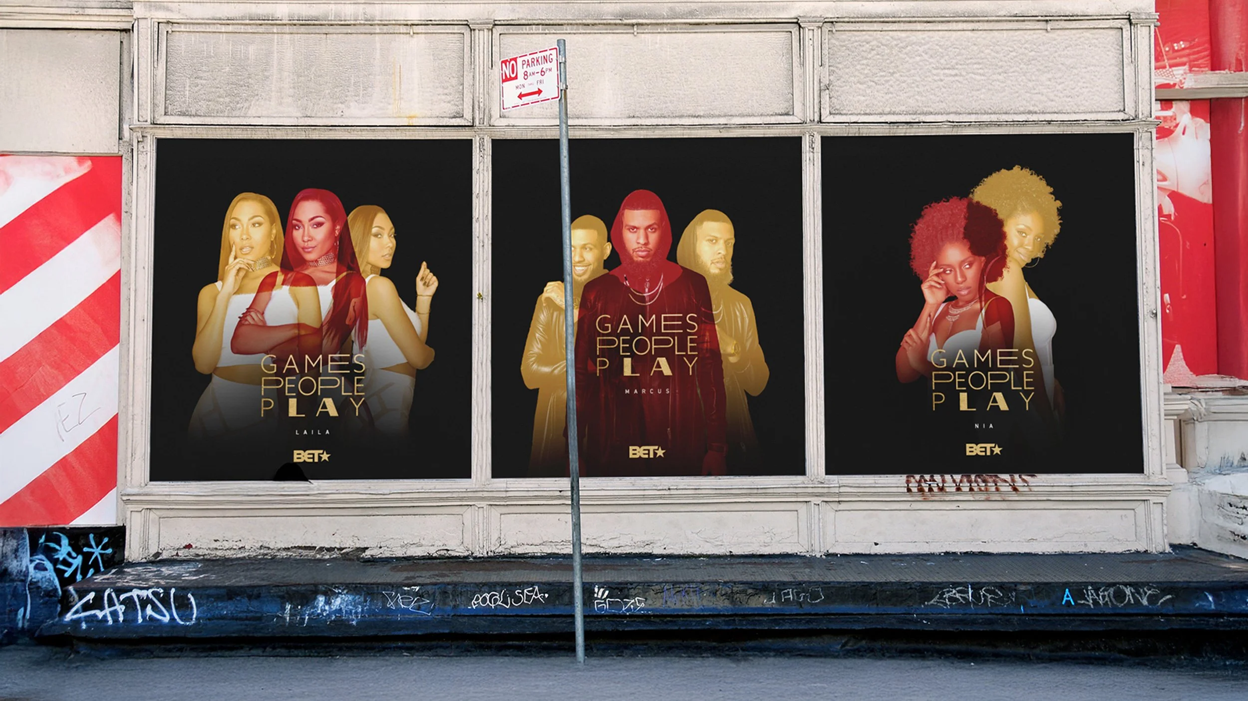 Street-level poster installation for “Games People Play” featuring multiple character-focused campaign visuals