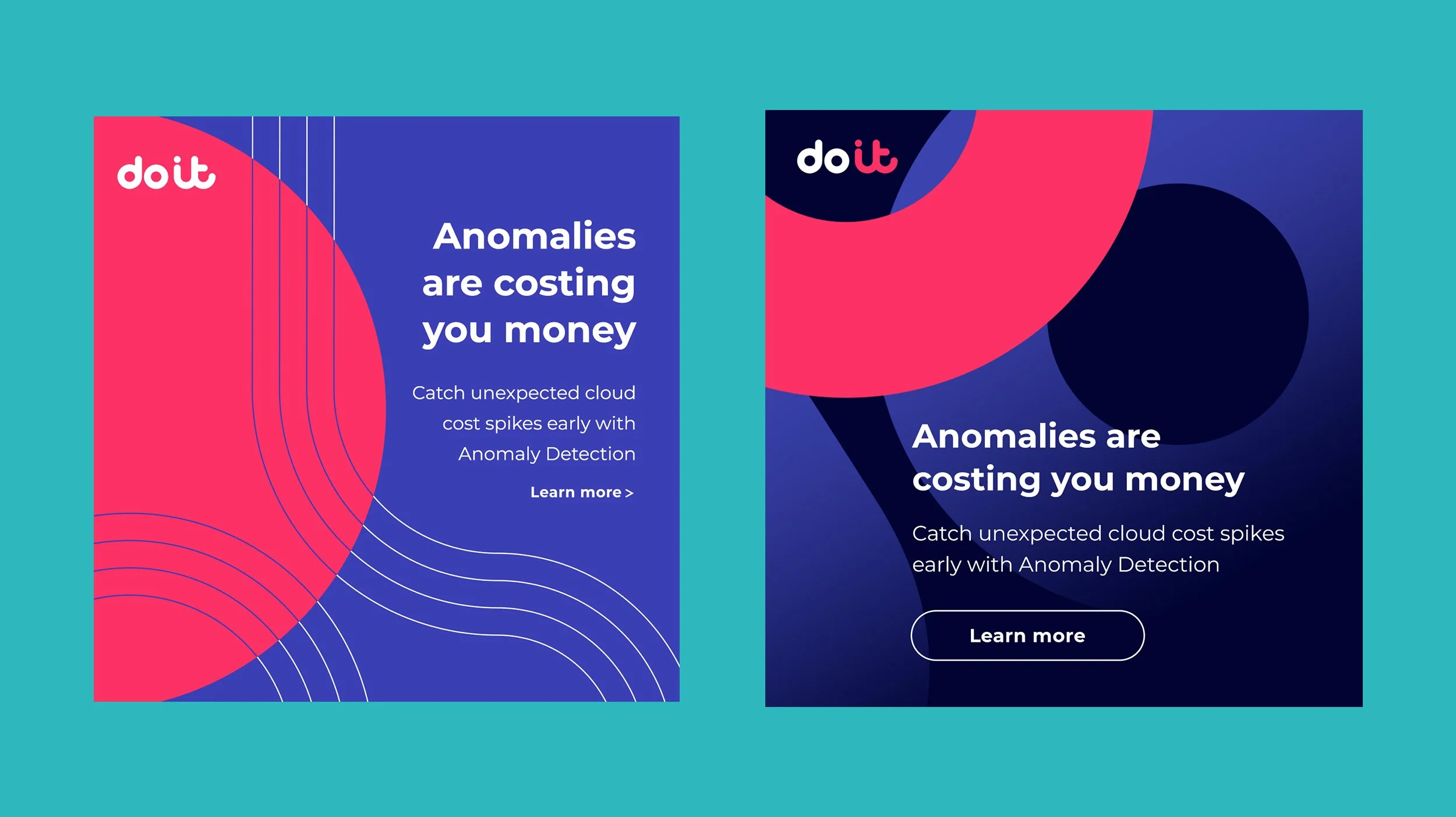 Two DoIT digital ads side by side on teal background, promoting Anomaly Detection for unexpected cloud costs"