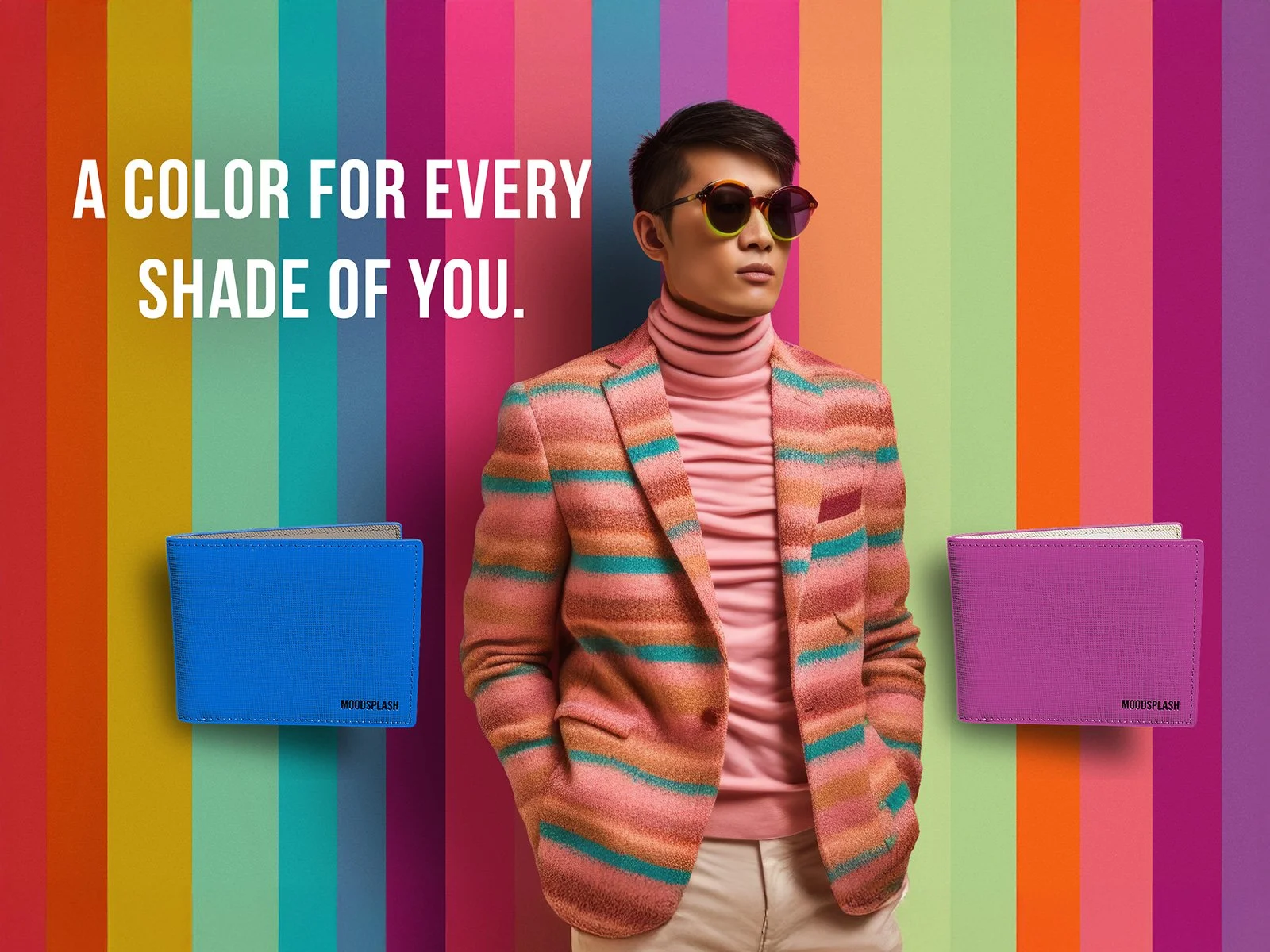 Fashion model in colorful striped jacket with rainbow background and vibrant wallets, featuring “A Color for Every Shade of You” campaign.