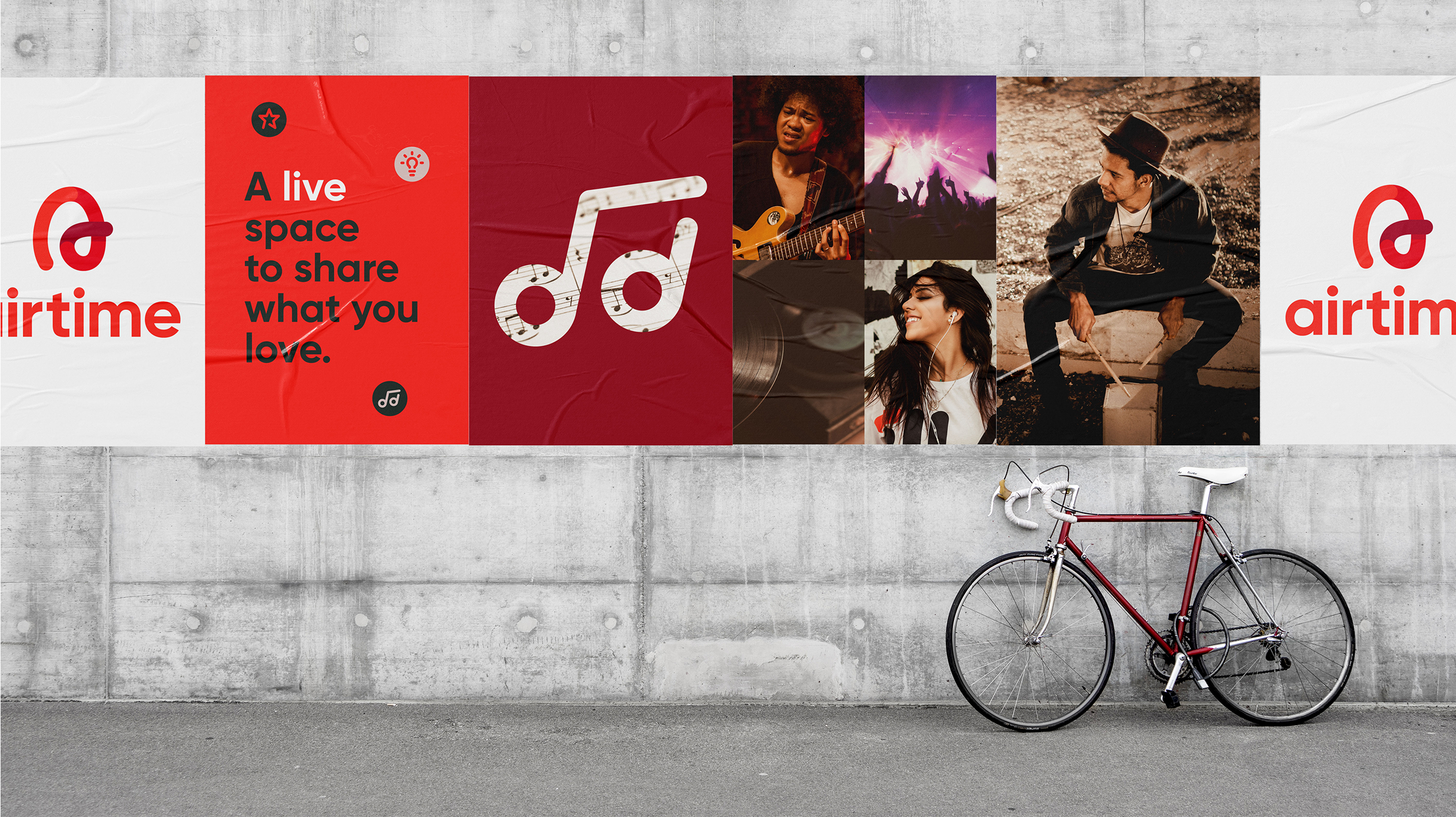Airtime billboard mockup with music, lifestyle imagery, and slogan “A live space to share what you love” on urban wall