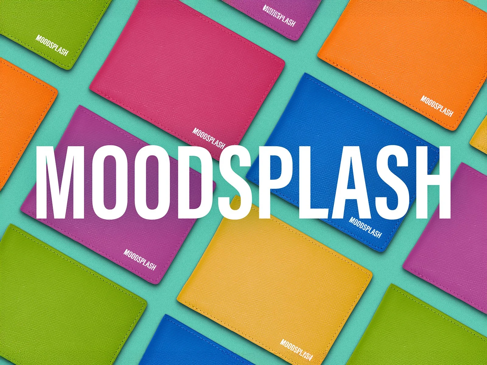 Assorted colorful wallets arranged on teal background with bold “Moodsplash” branding.