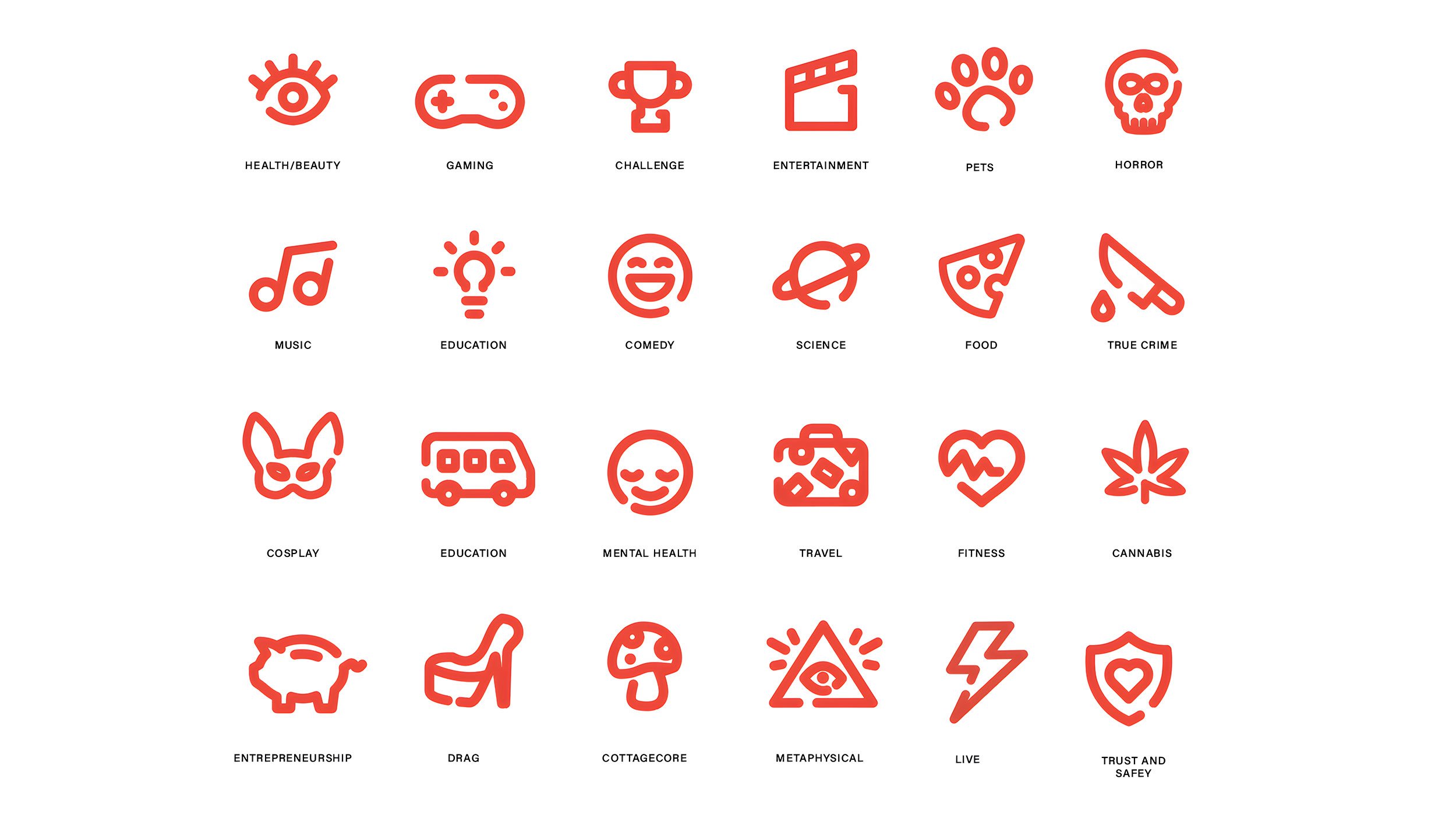 Airtime category icons set in red including gaming, music, education, travel, fitness, and entertainment
