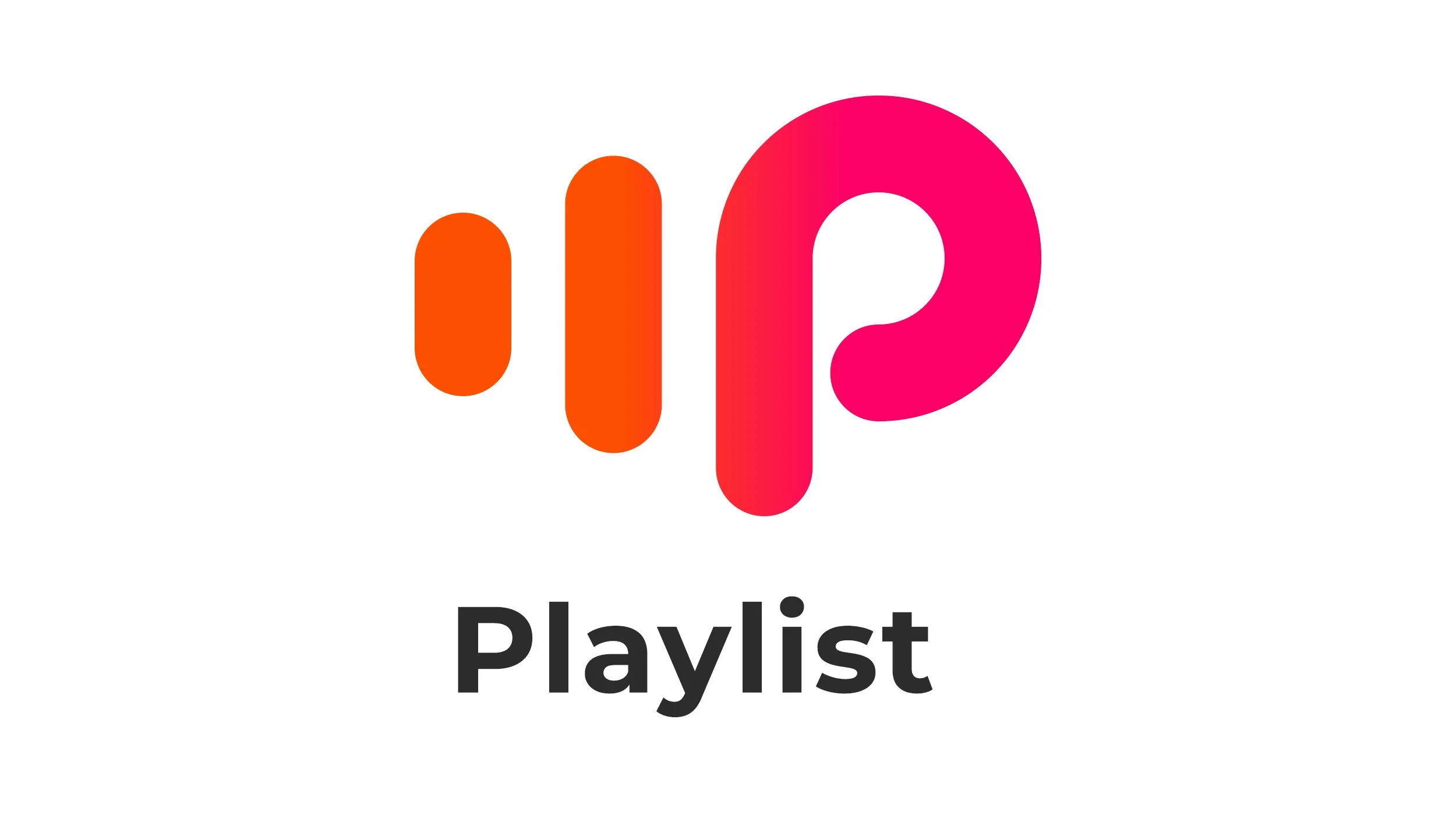 Playlist logo featuring a stylized lowercase ‘p’ in a pink-to-orange gradient alongside rounded orange bars, with the word ‘Playlist’ in black below on a light gray background.