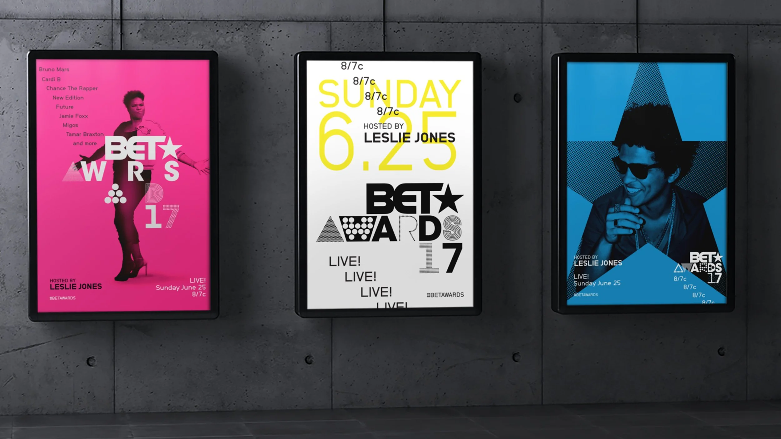 Series of BET Awards 2017 posters displayed in a modern interior environment with varied graphic styles