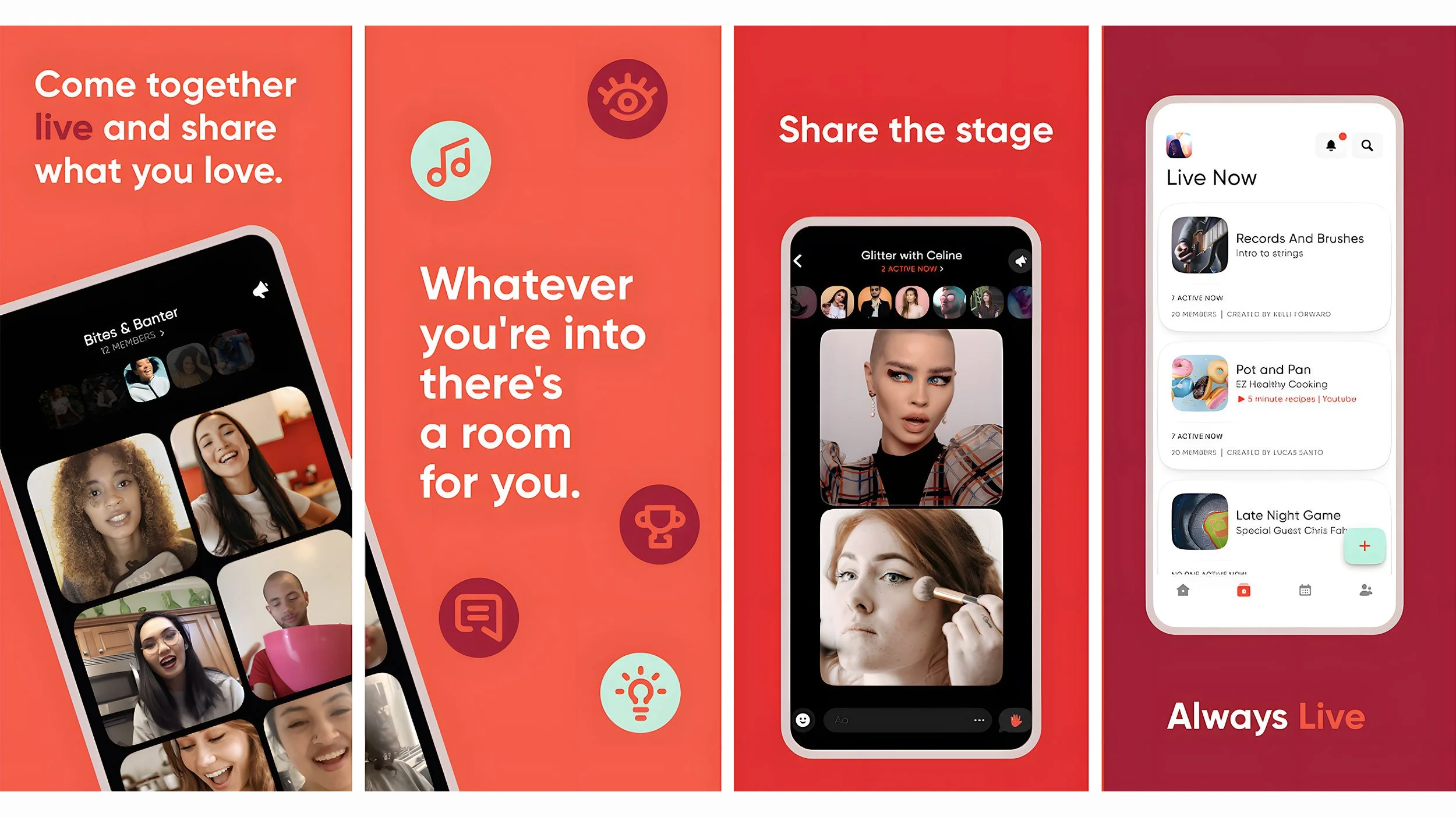 Airtime mobile app screens showing group video chat, discovery feed, and “Always Live” messaging