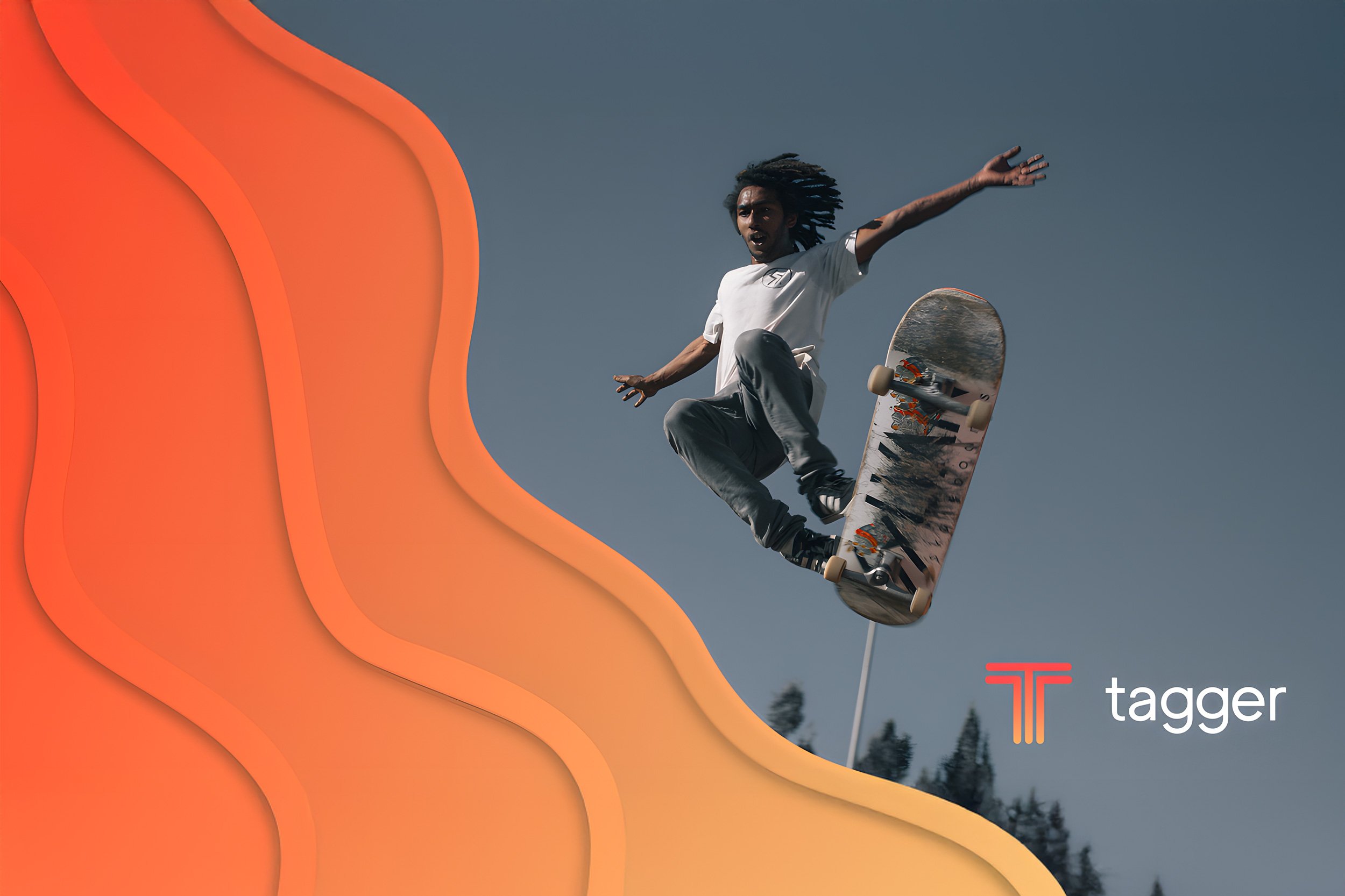 Skateboarder performing a trick mid-air with Tagger branding and abstract orange design elements.