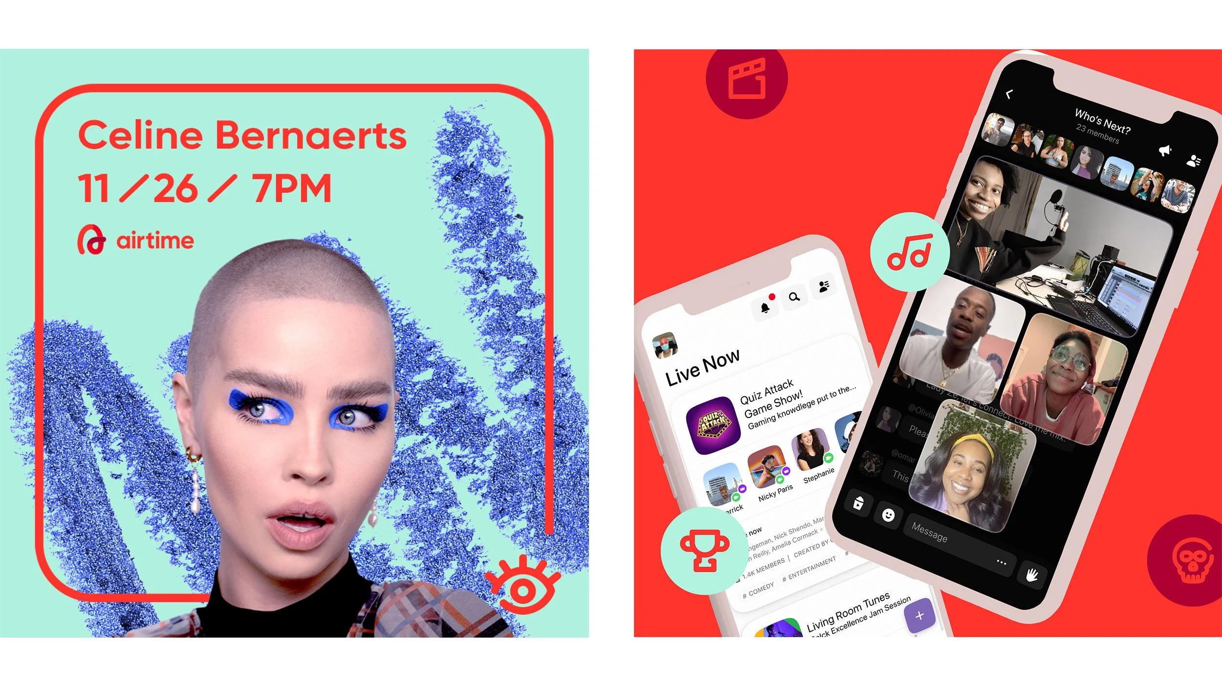 Airtime event promo featuring model with bold blue makeup and live session details with app branding
