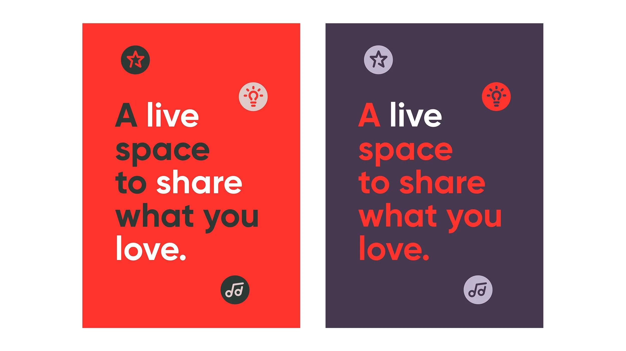 Airtime brand posters with bold typography reading “A live space to share what you love” in red and purple color variations