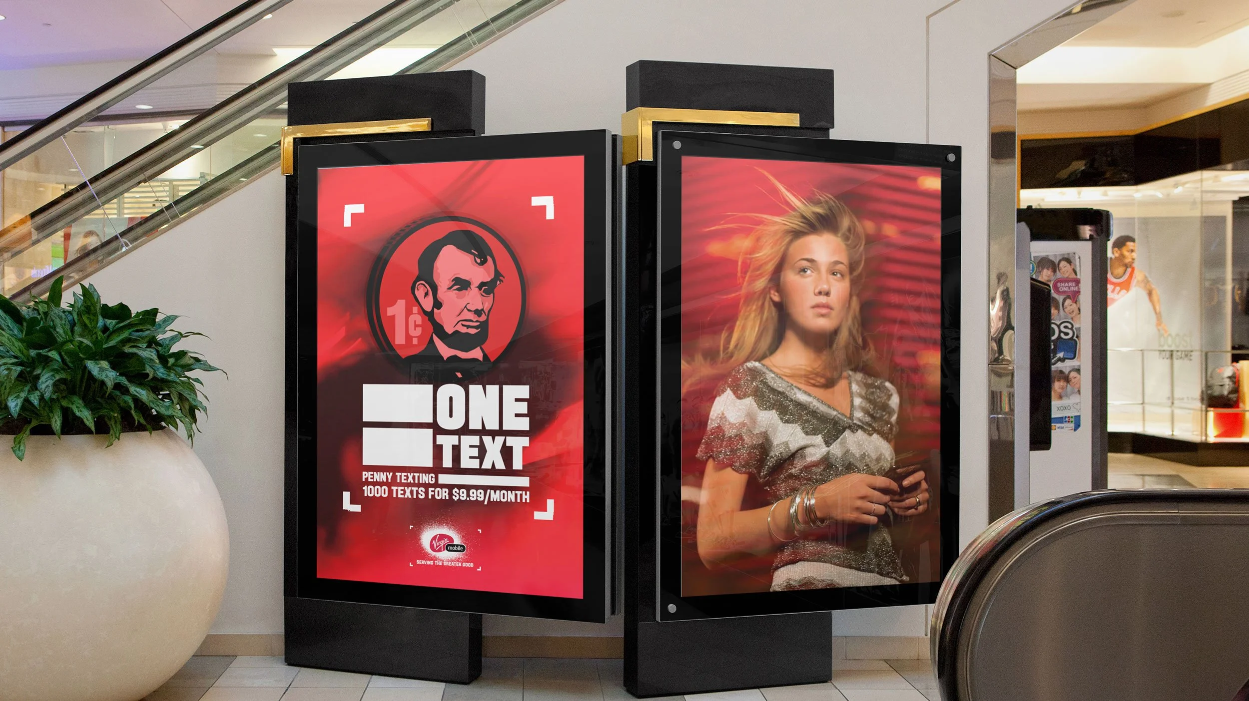 Virgin Mobile retail display ads in shopping mall featuring red campaign visuals and lifestyle imagery
