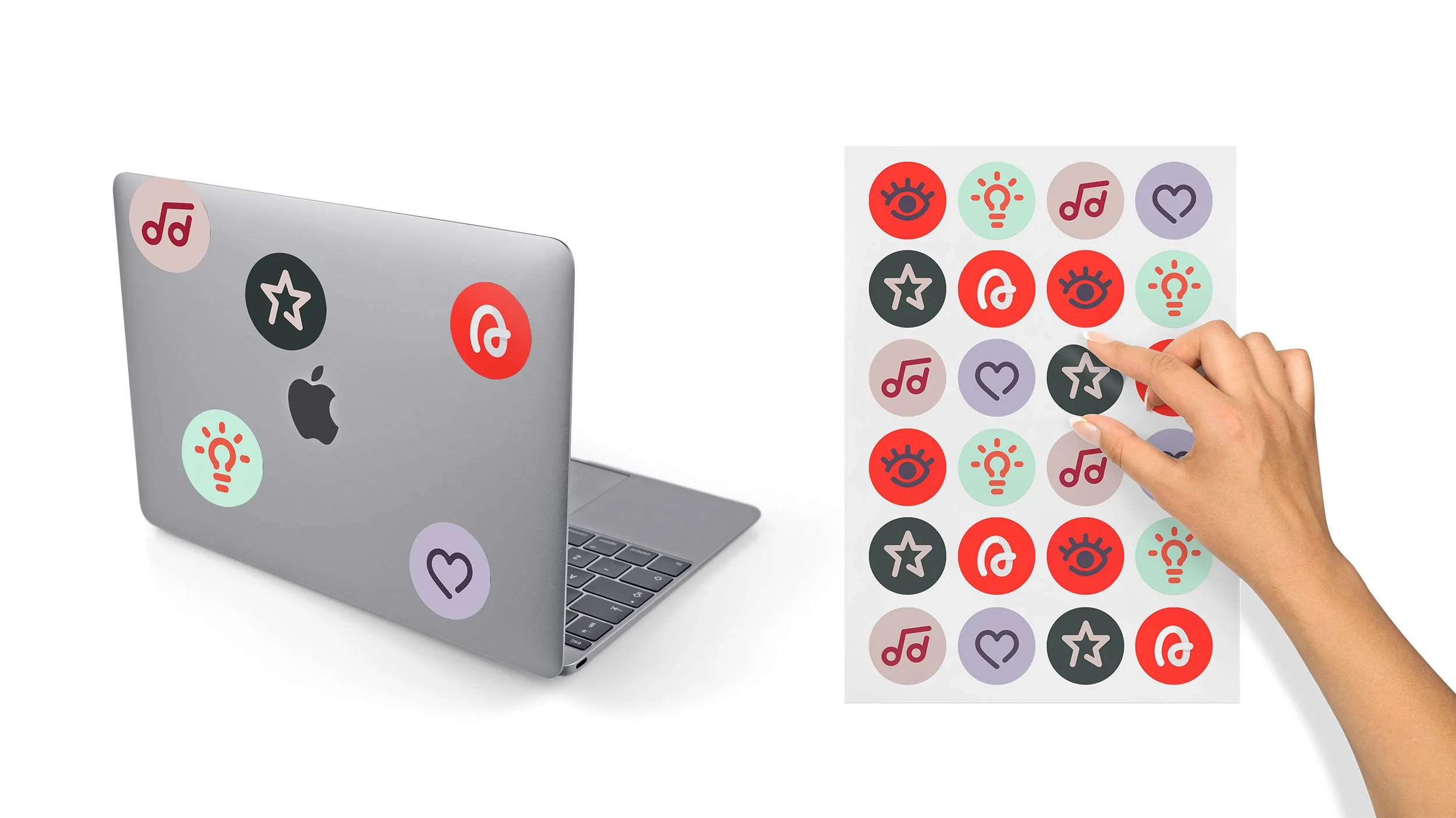 Airtime branded stickers on laptop and sheet with colorful circular icons being applied by hand