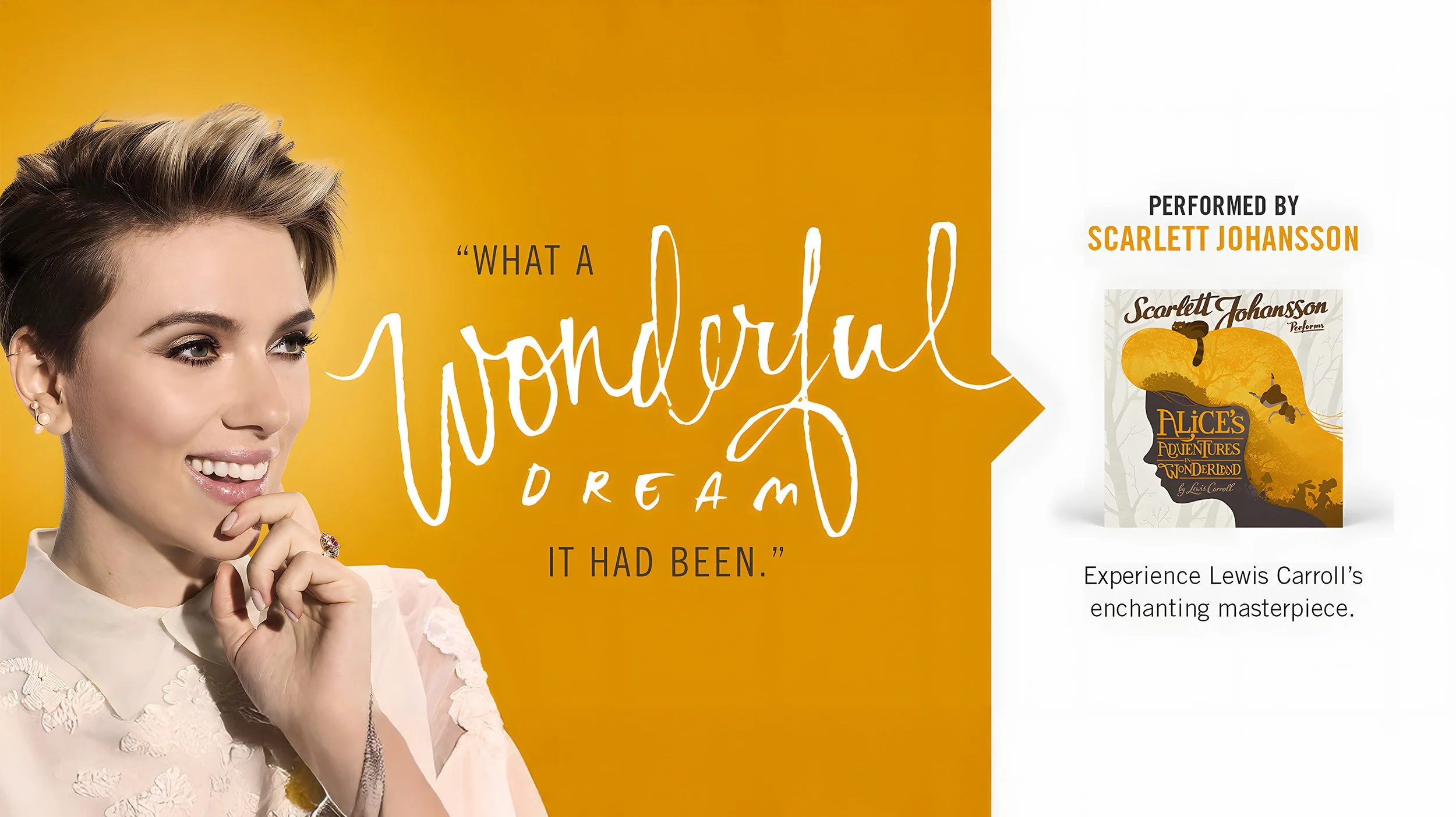 High-impact Audible campaign featuring Scarlett Johansson with bold typography and vibrant color, promoting her narration of Alice’s Adventures in Wonderland.