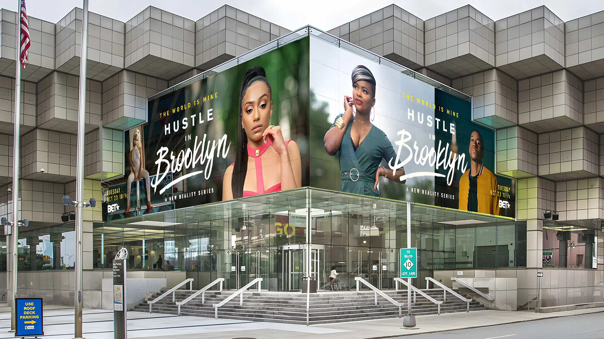 Large-scale building takeover billboard campaign for BET’s “Hustle in Brooklyn” featuring multiple cast members