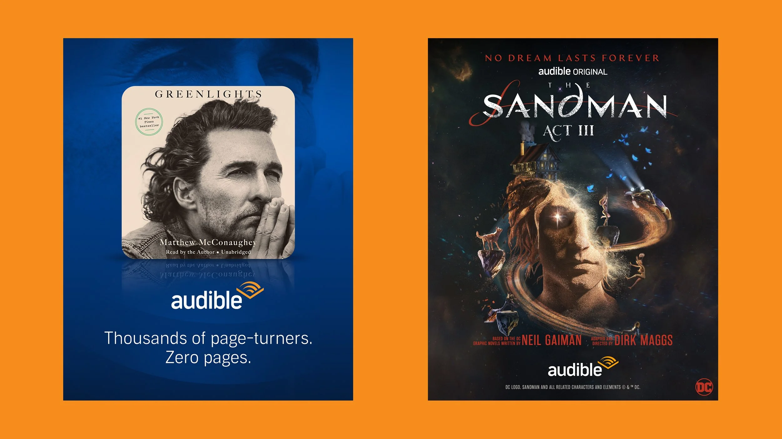 Dual-title promotional layout featuring Greenlights by Matthew McConaughey and The Sandman Act III, blending editorial and cinematic styles to showcase diverse Audible content.