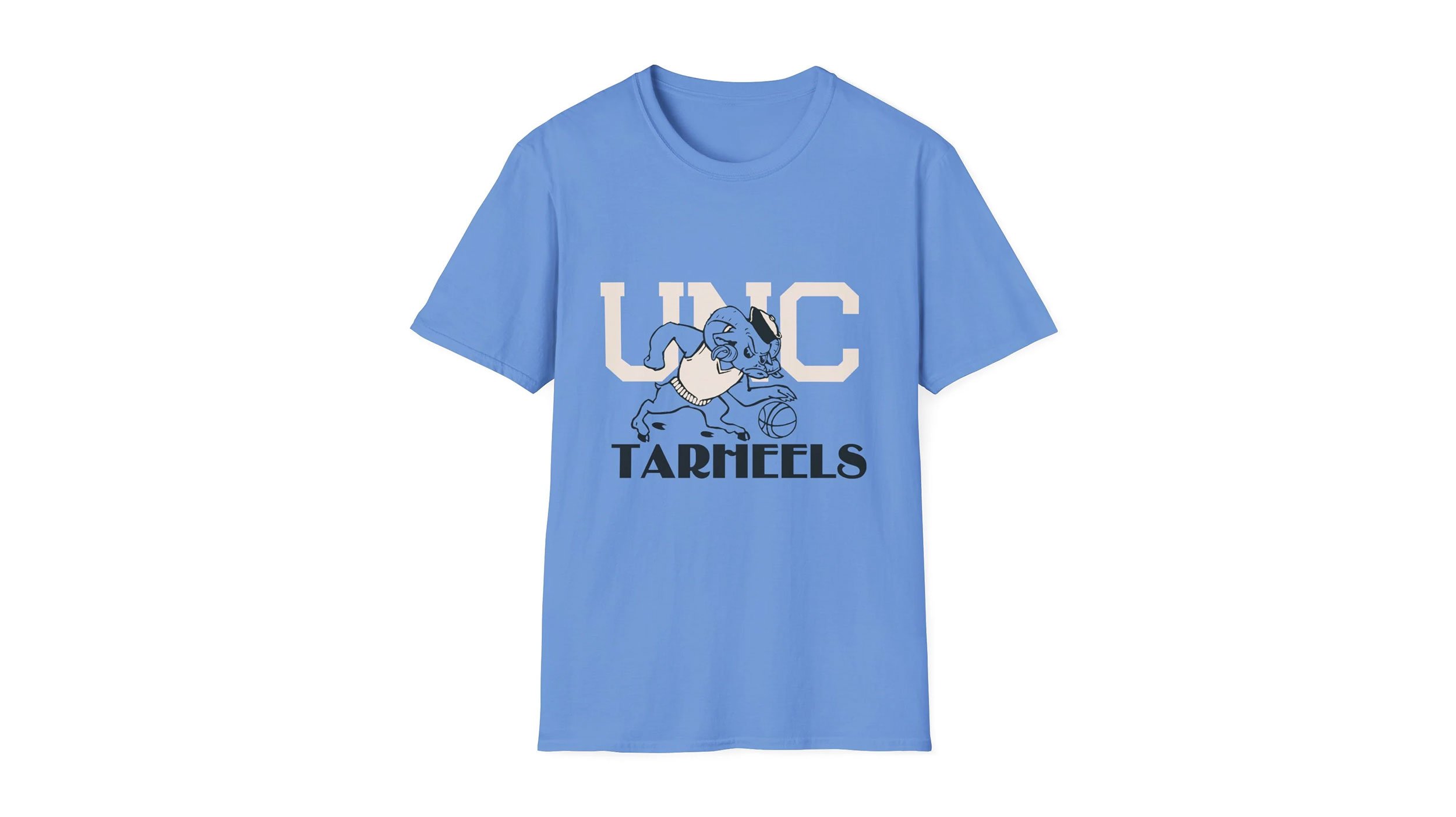 Blue T-shirt with UNC Tar Heels mascot graphic and bold lettering.