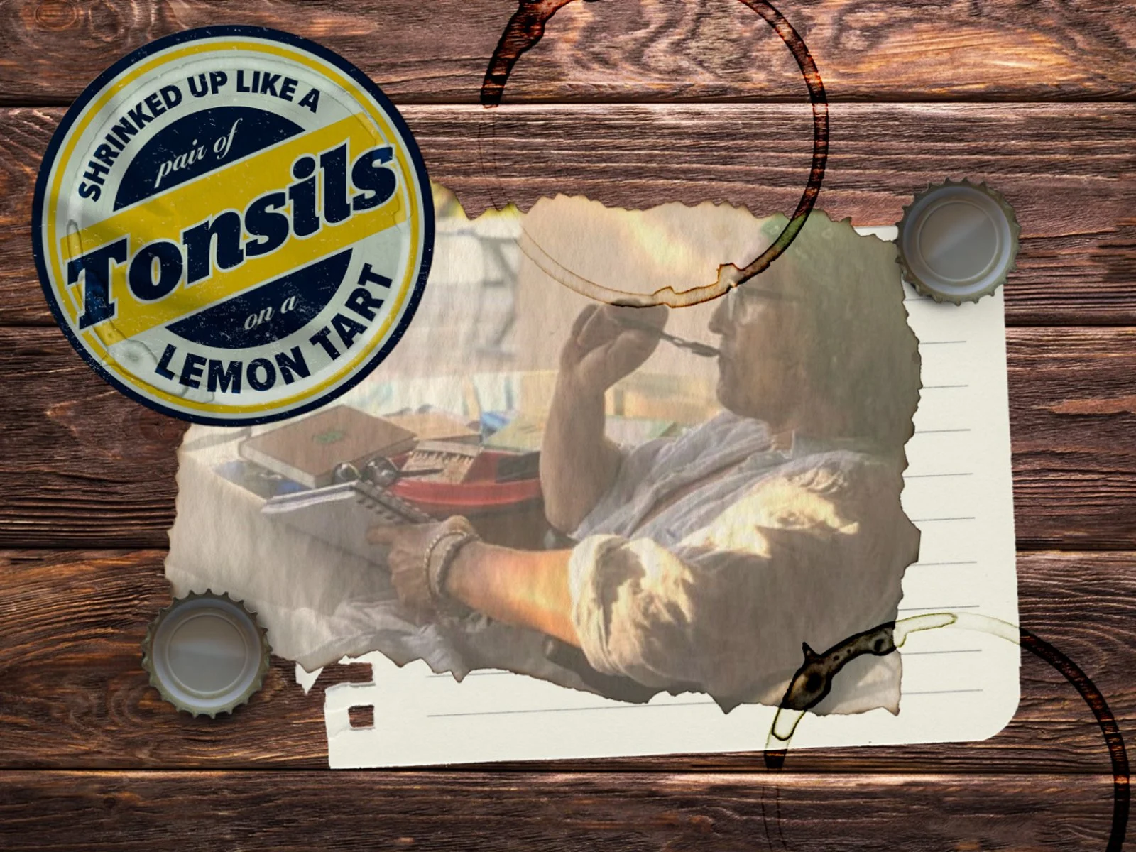Rustic wood background with a torn paper photo overlay and vintage coffee stains, paired with a retro “Tonsils” badge for a nostalgic storytelling aesthetic.