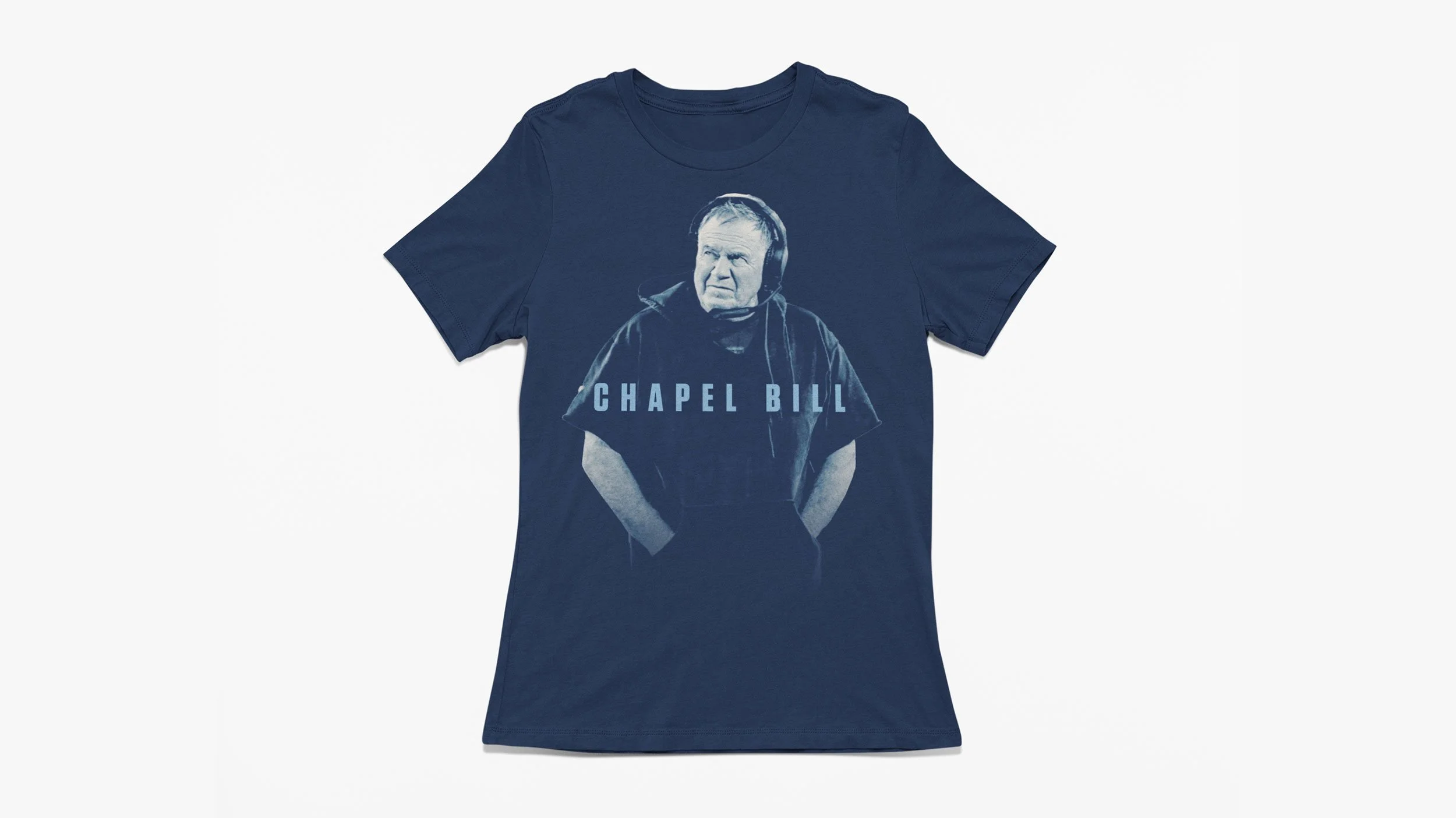 Navy blue T-shirt featuring a portrait of Bill Belichick with “Chapel Bill” text.