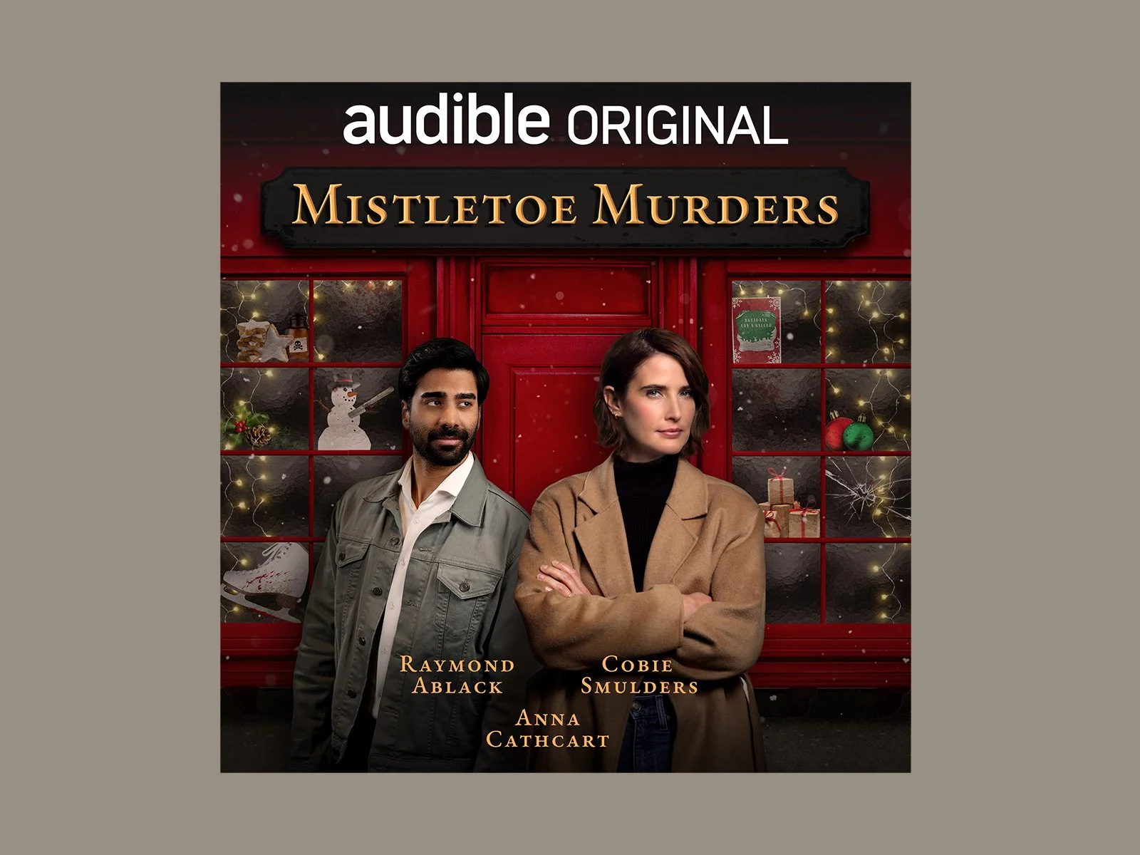 Festive thriller cover featuring two characters standing in front of a red, holiday-decorated storefront window, blending Christmas warmth with a mystery tone.