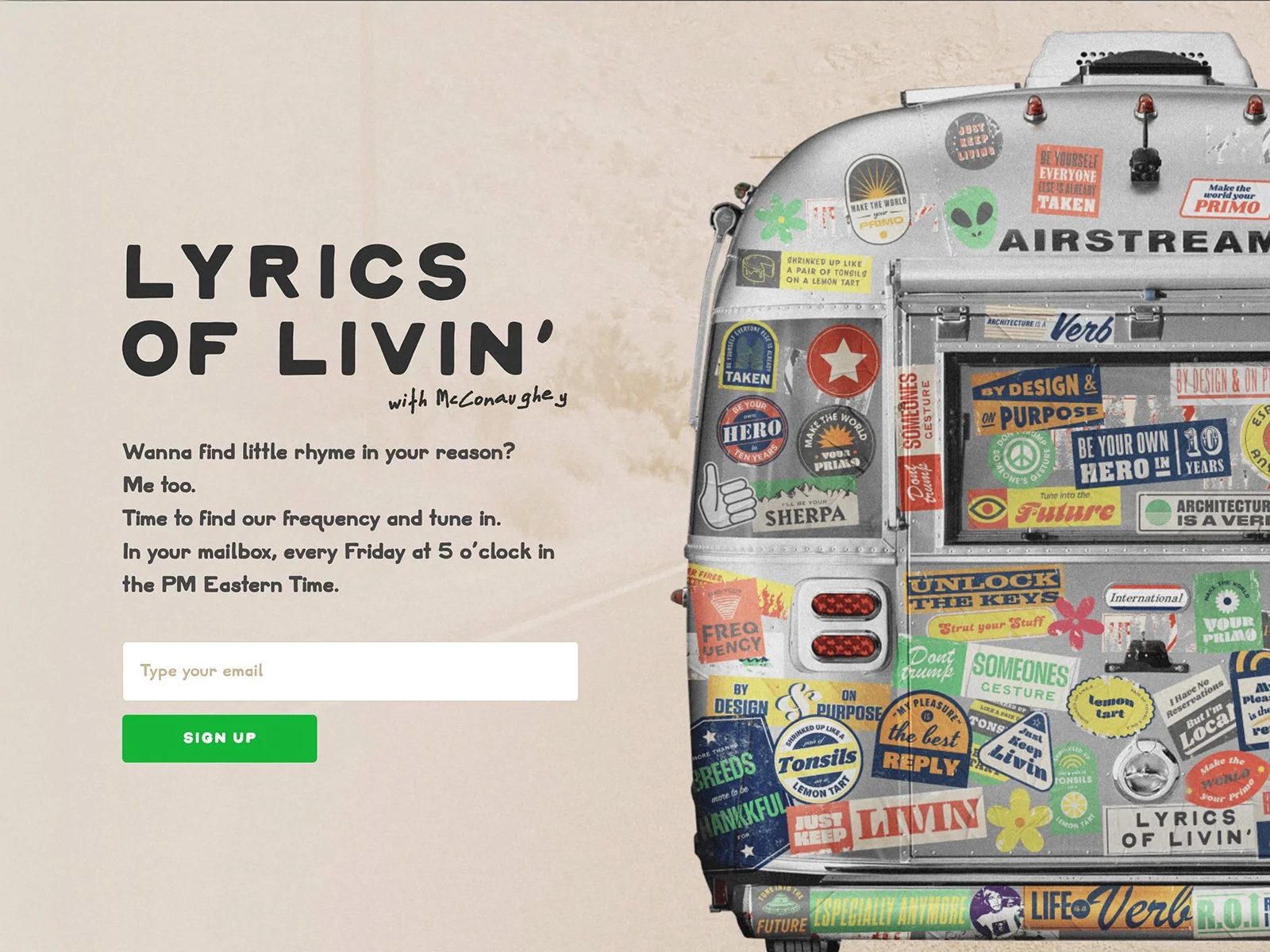 Website landing page featuring “Lyrics of Livin’ with McConaughey,” combining editorial typography with an Airstream covered in vibrant stickers and a newsletter signup form.