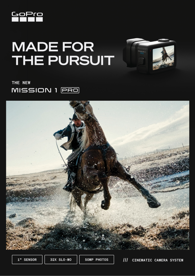 A promotional image for GoPro's Mission 1 Pro camera featuring a person riding a horse through water with the camera shown above capturing the action.